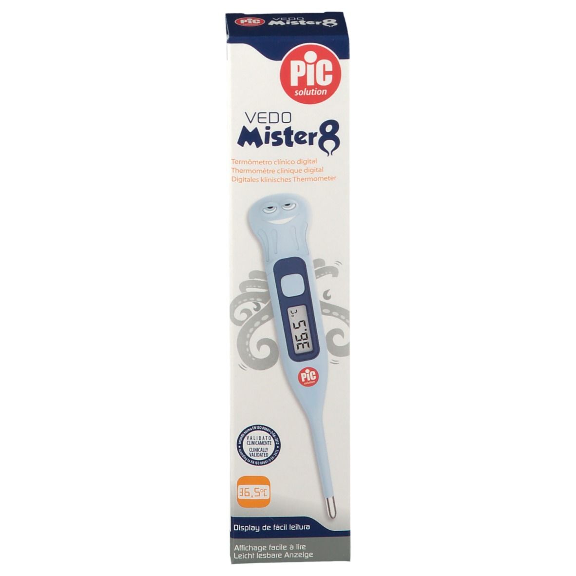 Termometro digitale in confezione. Display: 36,5°C. Marchio: Pic Vedo Mister 8. Blu, schermo.