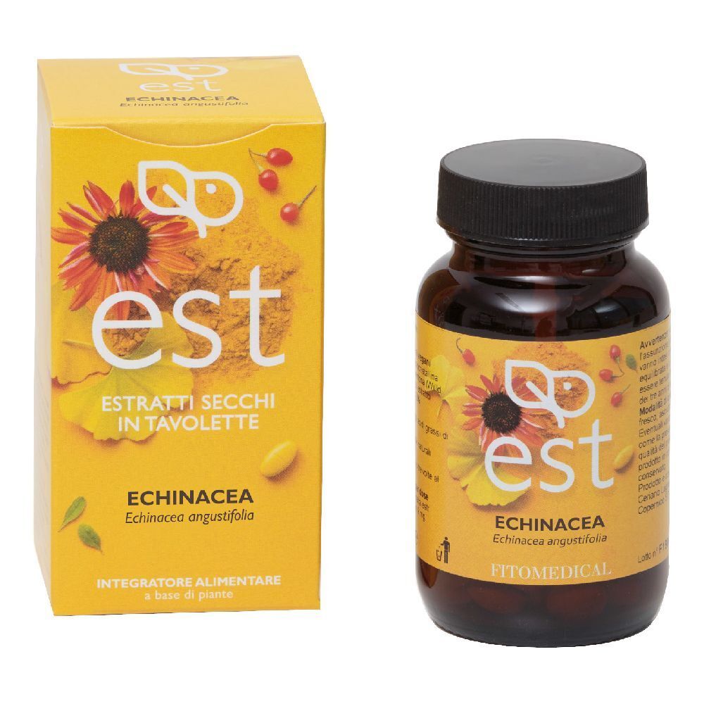 Flacone di compresse marrone e scatola gialla. Scritta: est, Echinacea, Estratti Secchi in Tavolette.