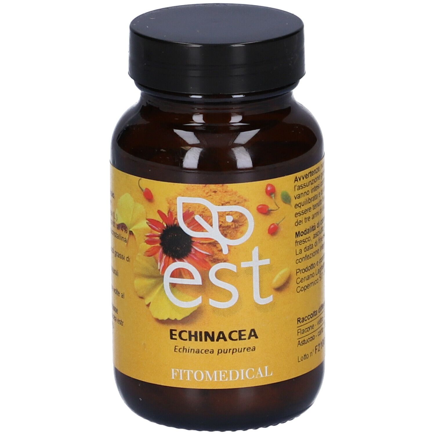 Flacone di compresse marrone con tappo nero. Scritta: est, Echinacea, FitoMedical.