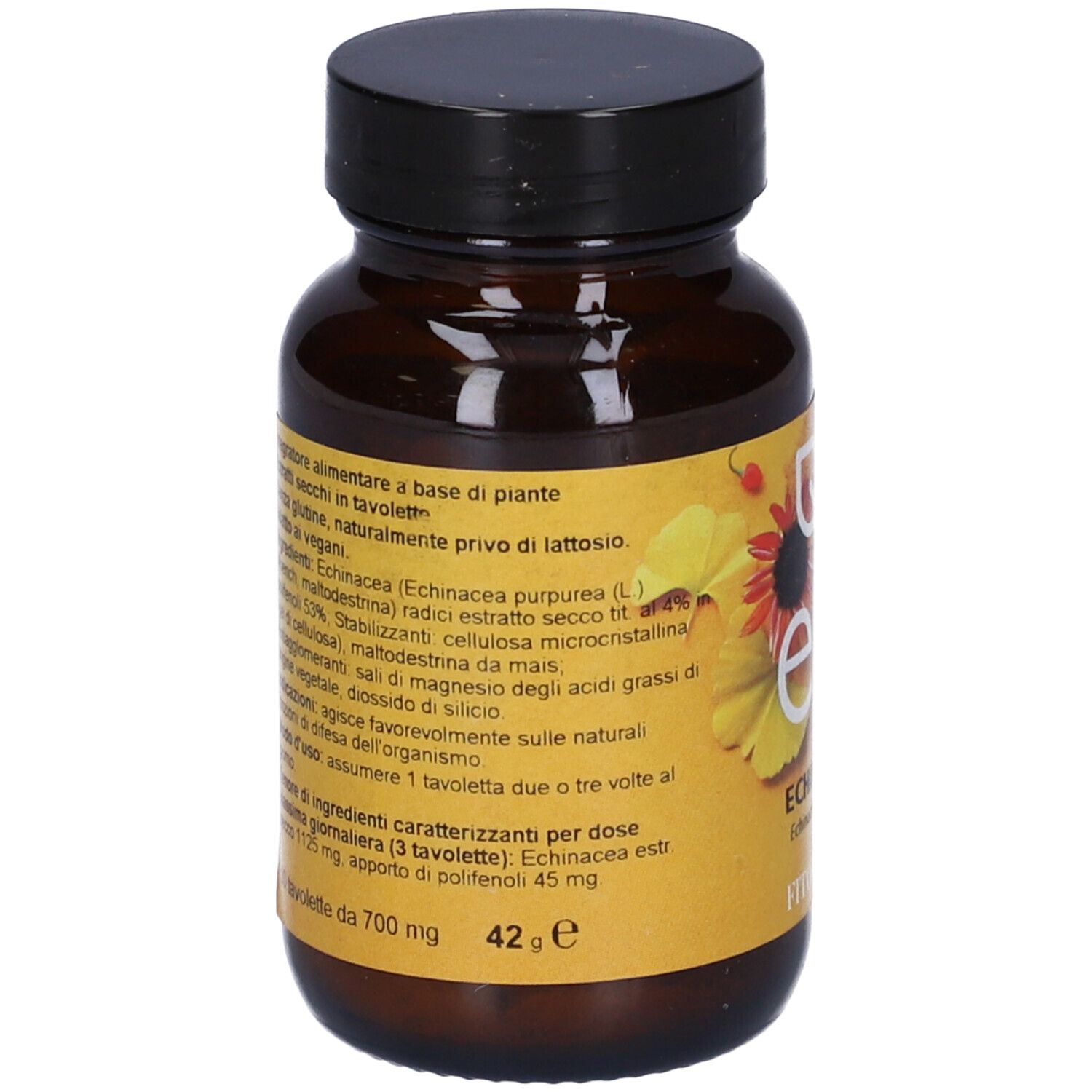 Flacone di compresse marrone con tappo nero. Scritta: est, Echinacea purpurea, FitoMedical.