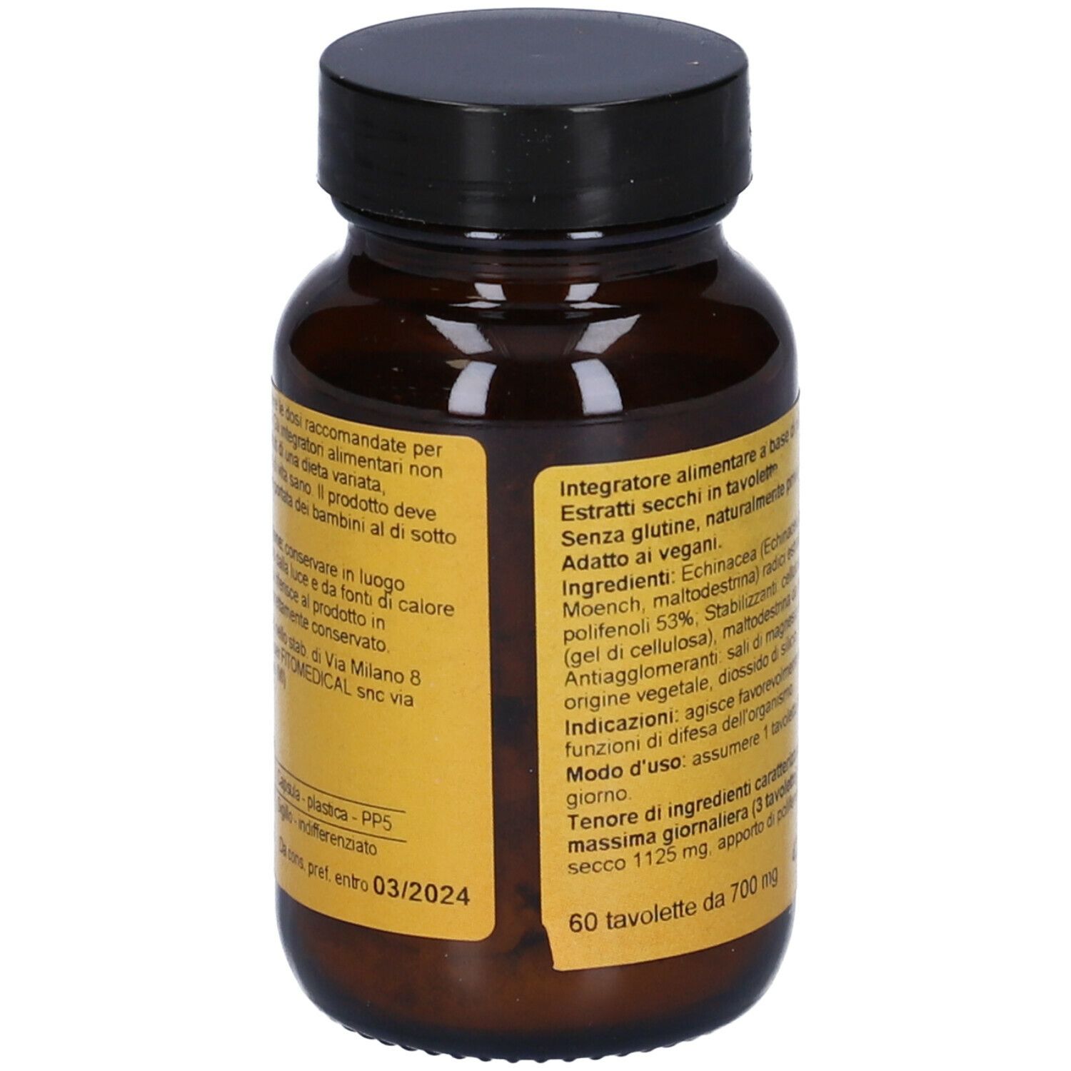 Flacone di compresse marrone con tappo nero. Scritta: est, Echinacea purpurea, FitoMedical.