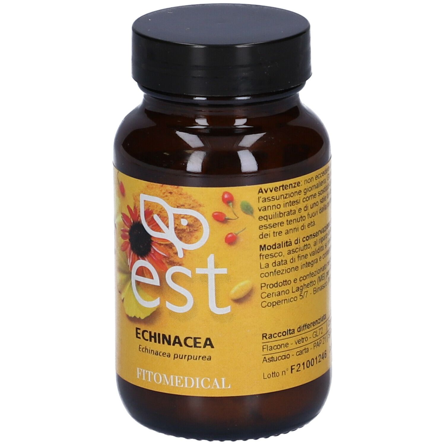 Flacone di compresse marrone con tappo nero. Scritta: est, Echinacea purpurea, FitoMedical.