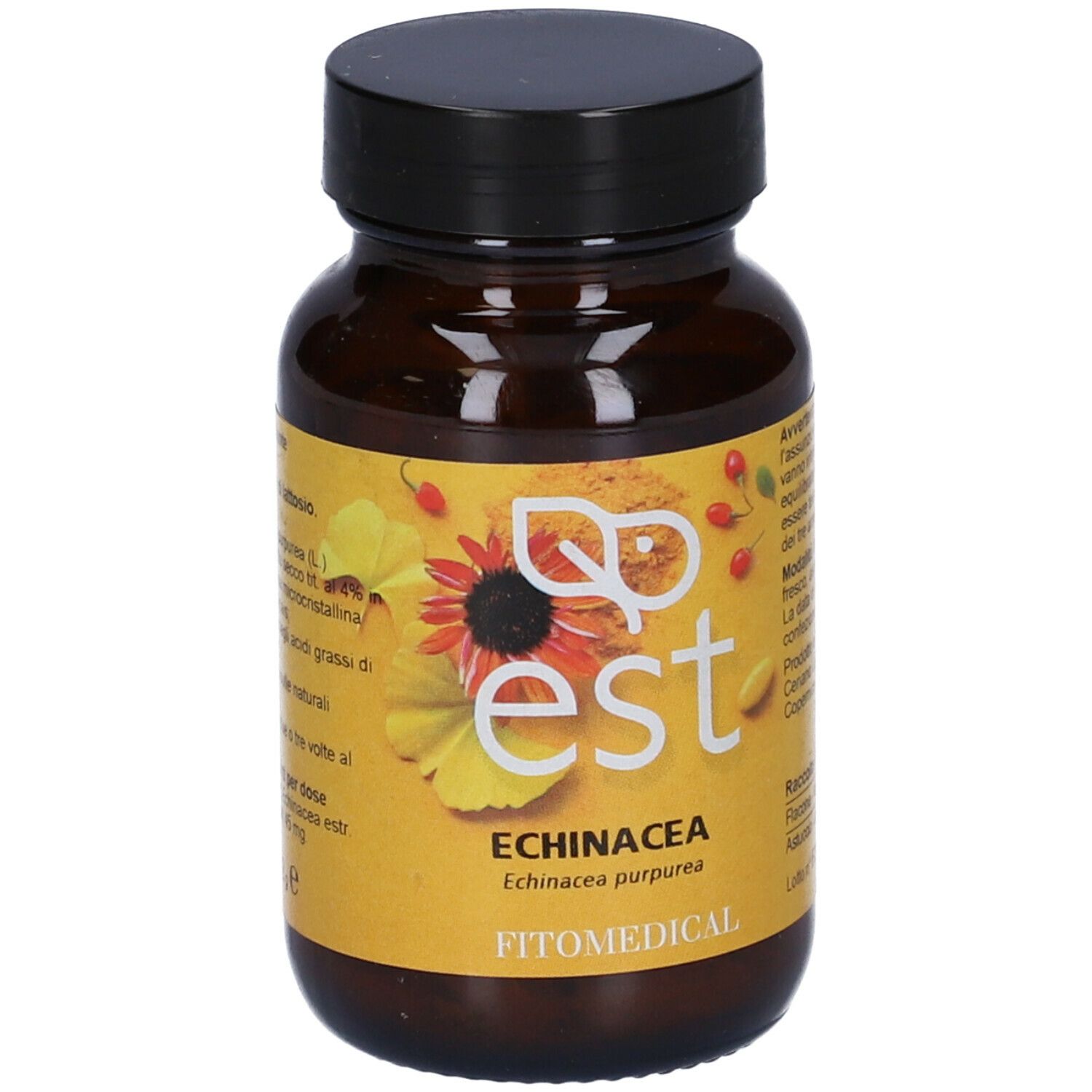 Flacone di compresse marrone con tappo nero. Scritta: est, Echinacea purpurea, FitoMedical.