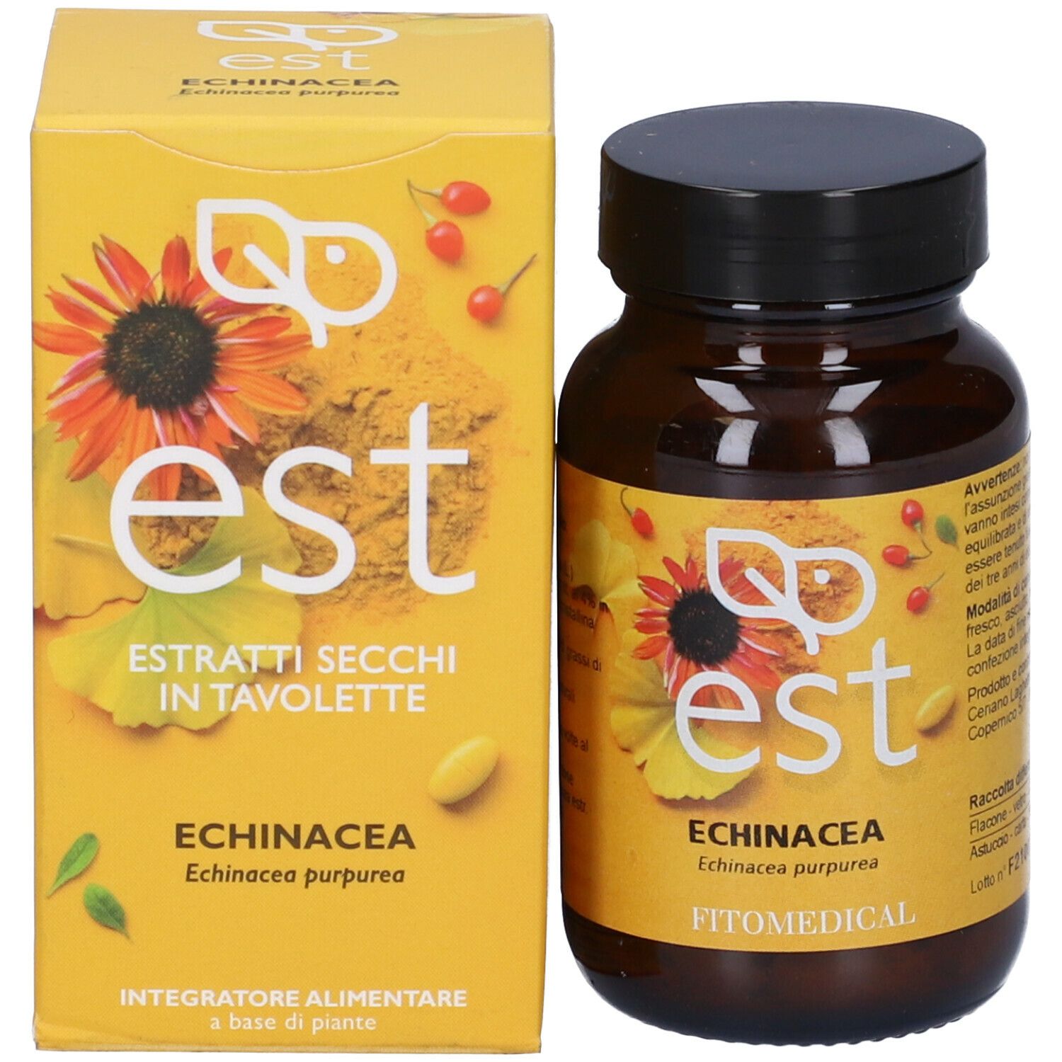 Flacone di compresse marrone e scatola gialla. Scritta: est, Echinacea, Estratti Secchi in Tavolette.