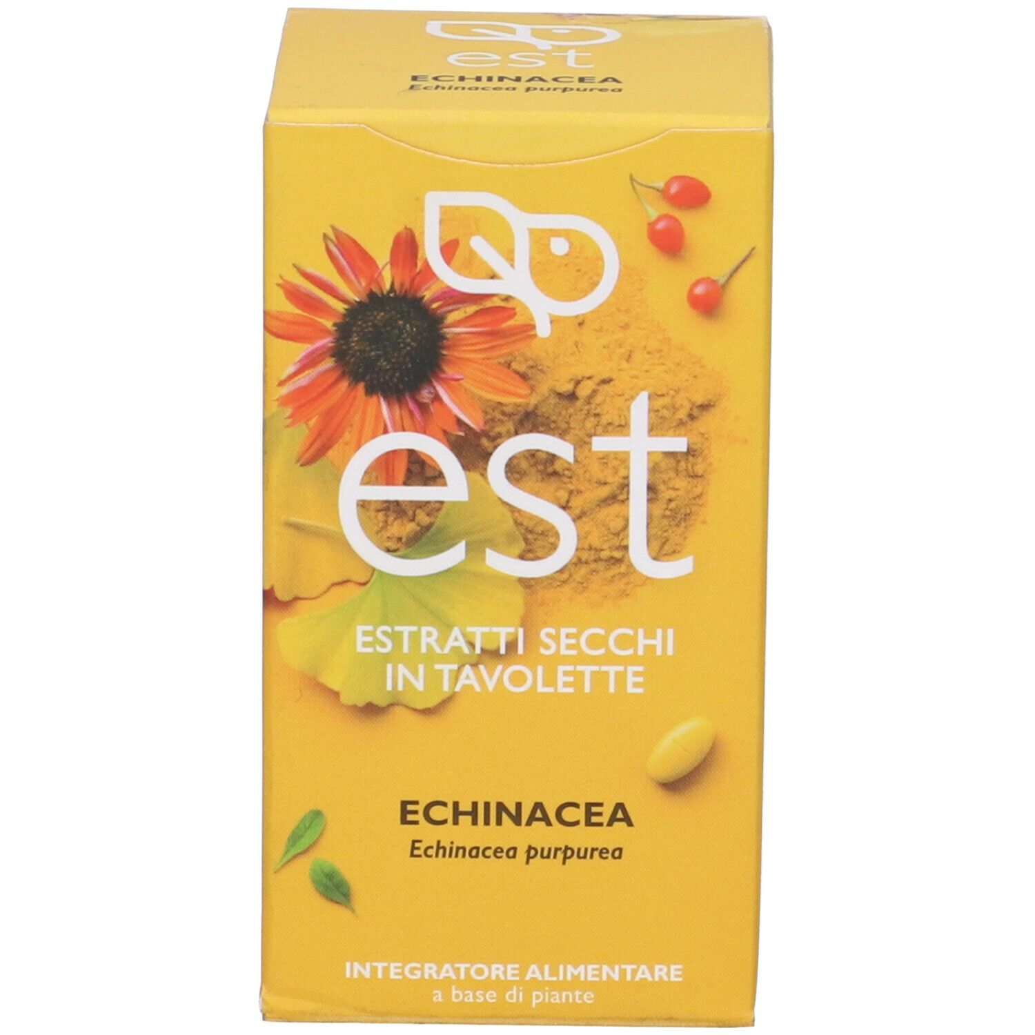 Scatola gialla con scritta: est, Echinacea, Estratti Secchi in Tavolette.