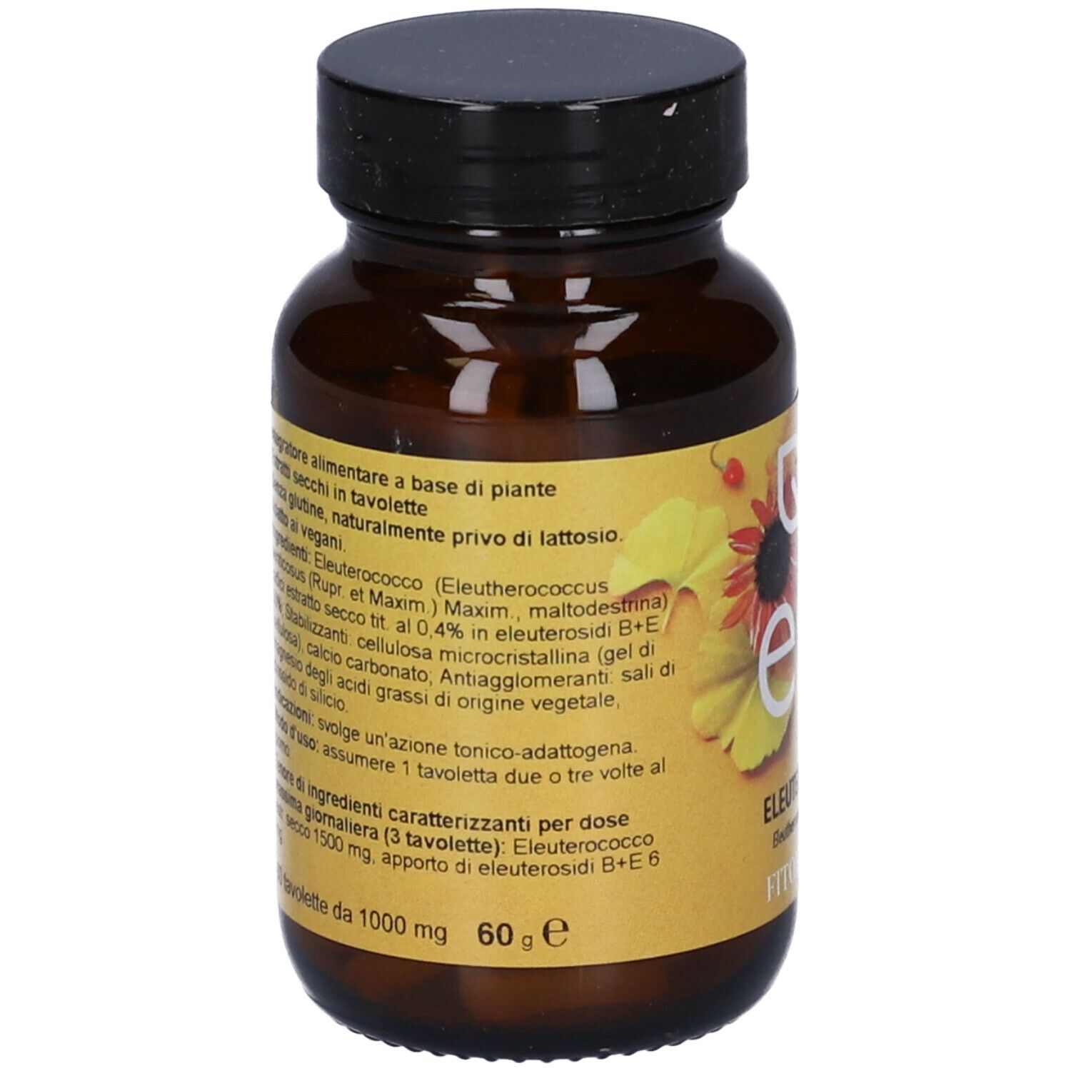Flacone di vetro marrone con coperchio nero. Etichetta con informazioni sul prodotto, ingredienti e dosaggio.