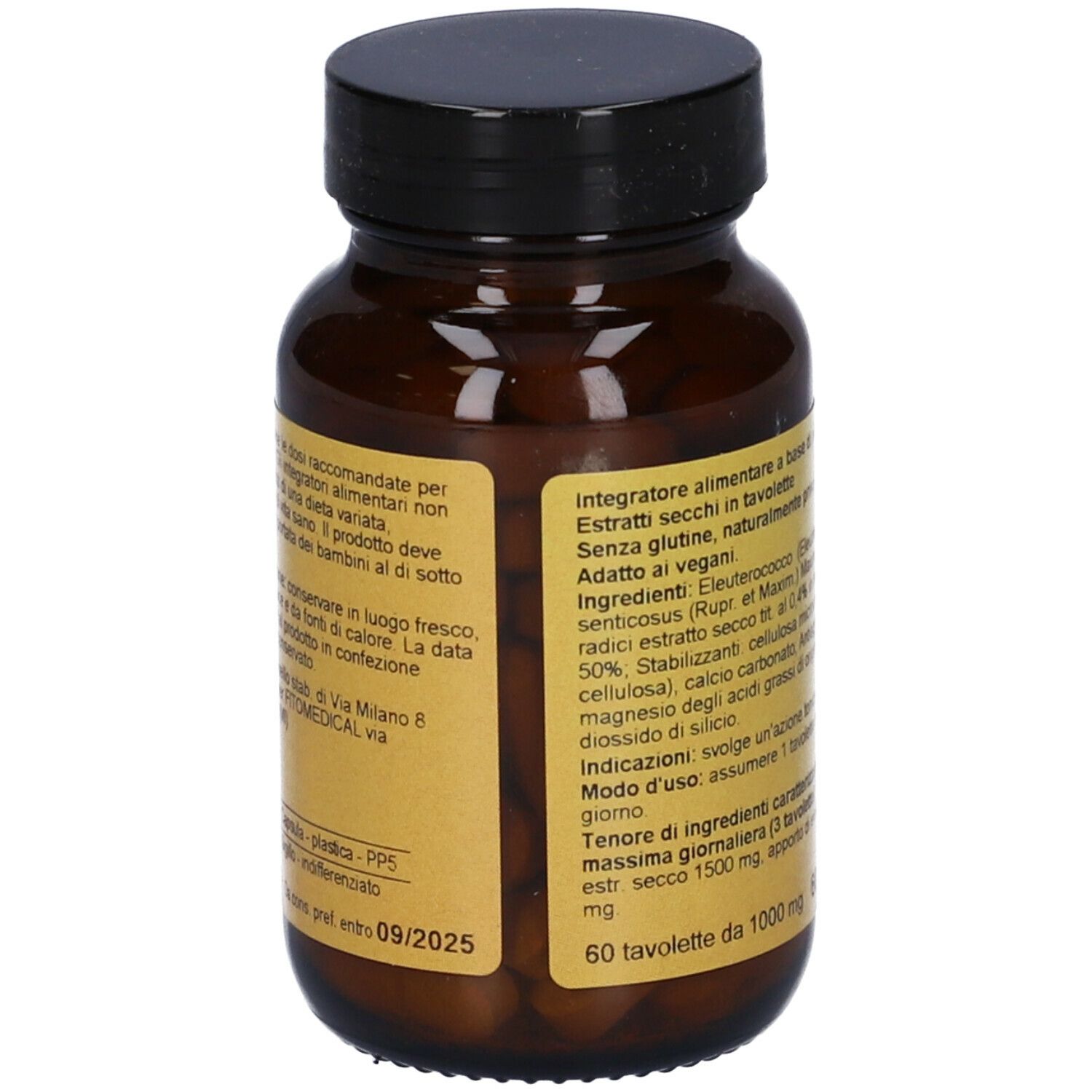 Flacone di vetro marrone con coperchio nero. Etichetta con informazioni sul prodotto, ingredienti e dosaggio.