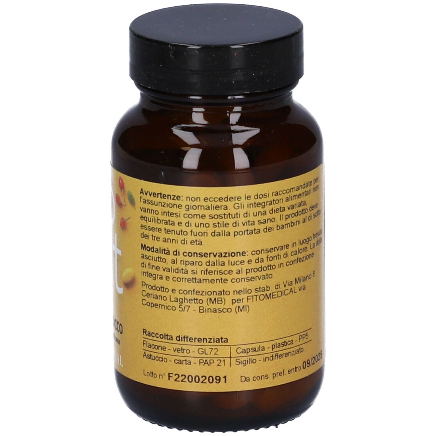 Flacone di vetro marrone con coperchio nero. Etichetta con informazioni sul prodotto, ingredienti e dosaggio.