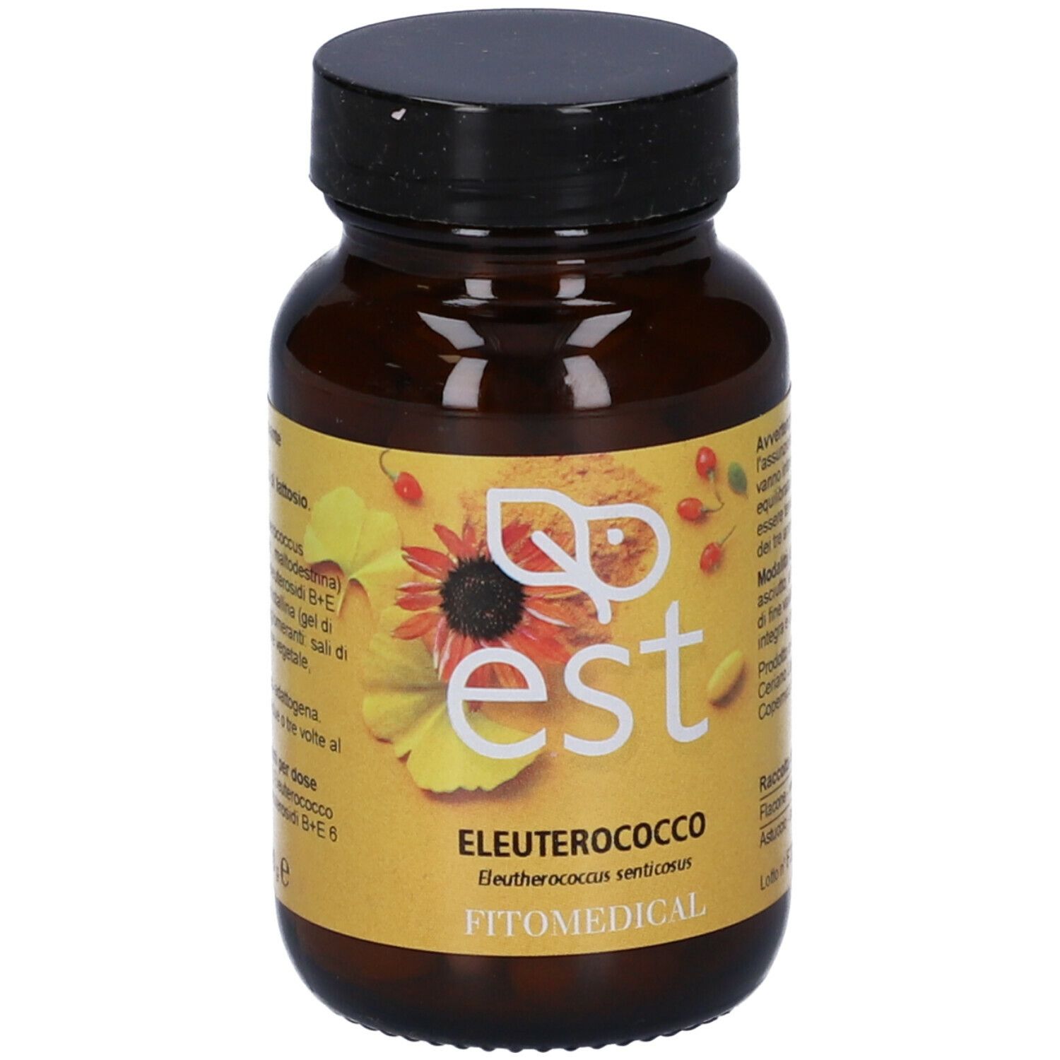 Flacone di vetro marrone con coperchio nero. Stampa: est, Eleuterococco, FitoMedical. Etichetta con informazioni sul prodotto.