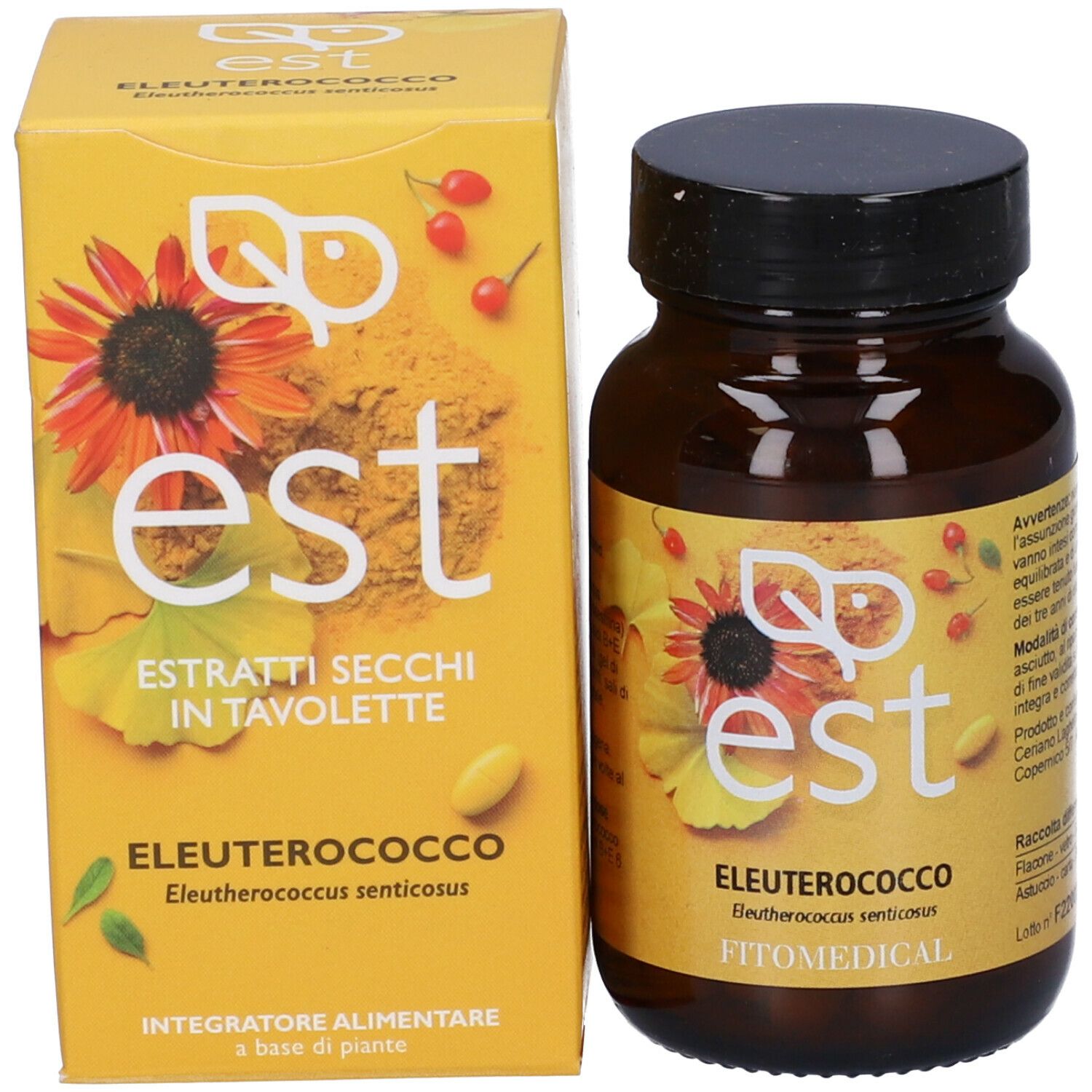 Confezione del prodotto con flacone e scatola. Stampa: est, Estratti Secchi in Tavolette, Eleuterococco, FitoMedical.