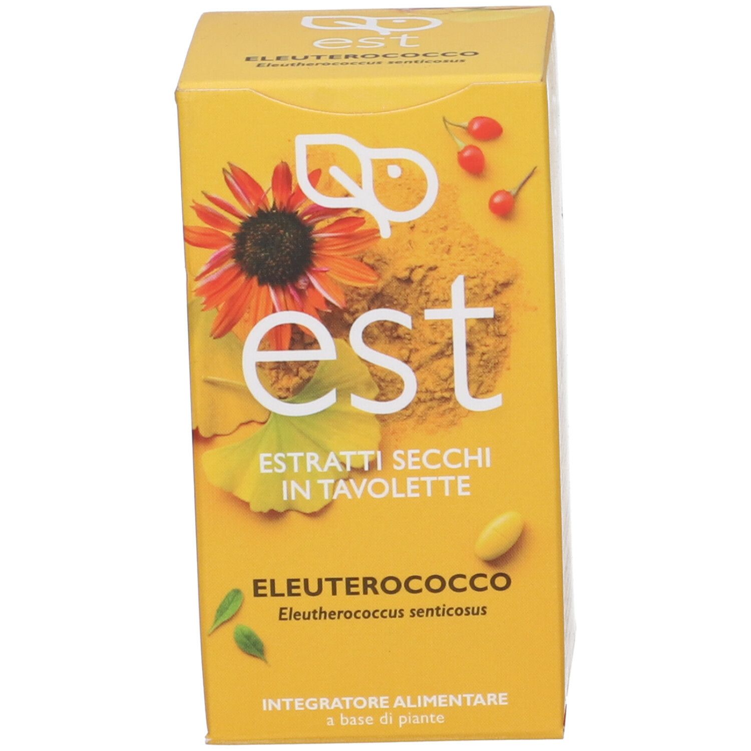 Scatola gialla con stampa del prodotto. Scritta: est, Estratti Secchi in Tavolette, Eleuterococco, Integratore Alimentare.