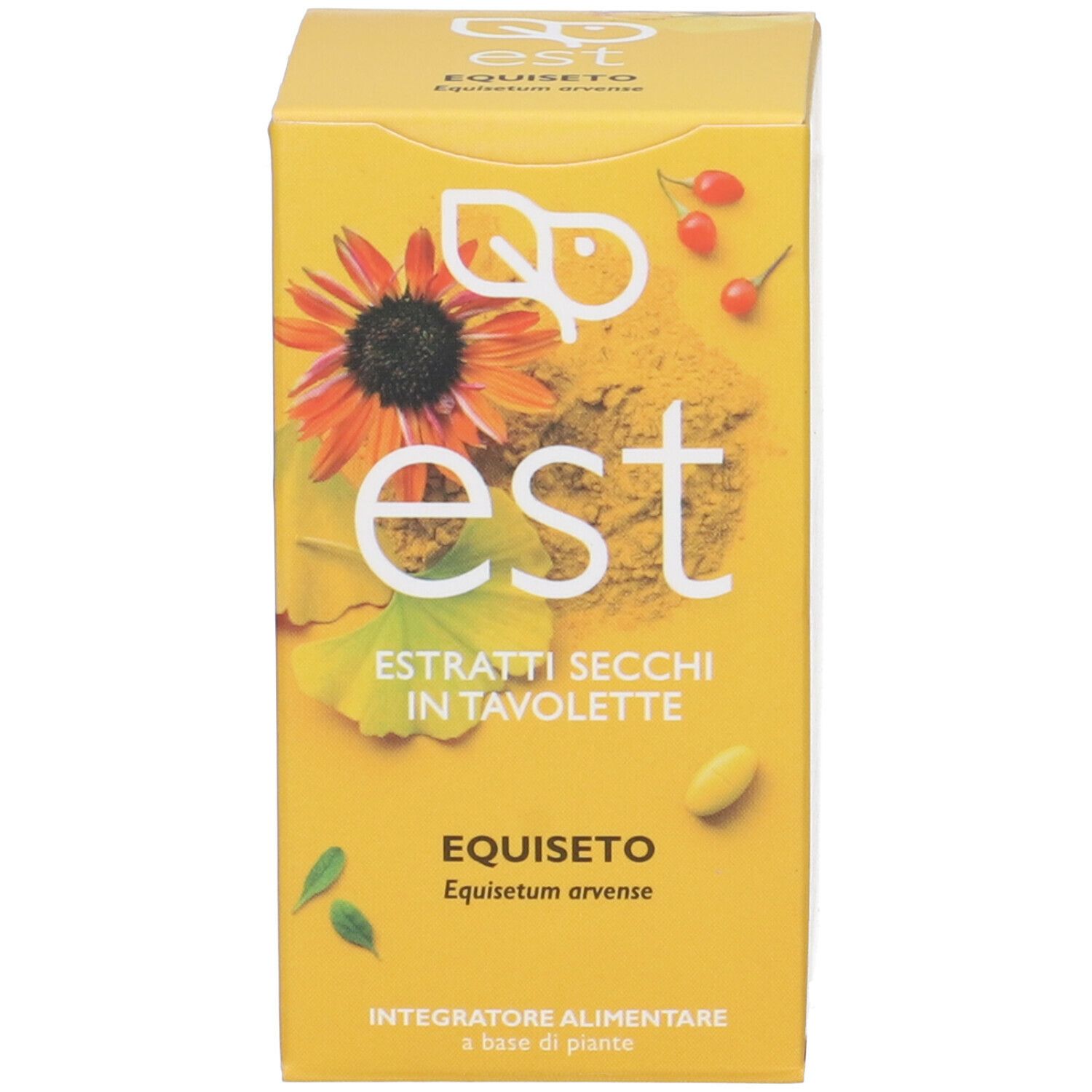 Scatola gialla con scritta "est" e "Equiseto".