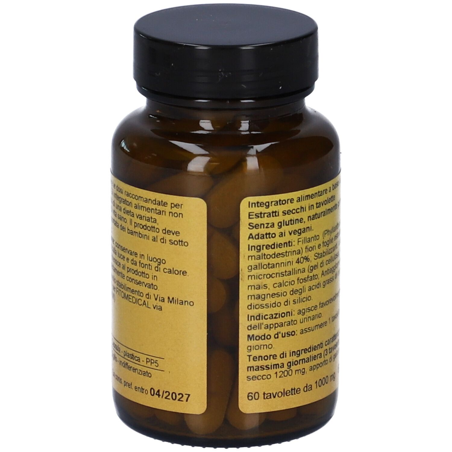 Flacone di vetro marrone con tappo nero. Etichetta con ingredienti e informazioni. Contiene compresse.