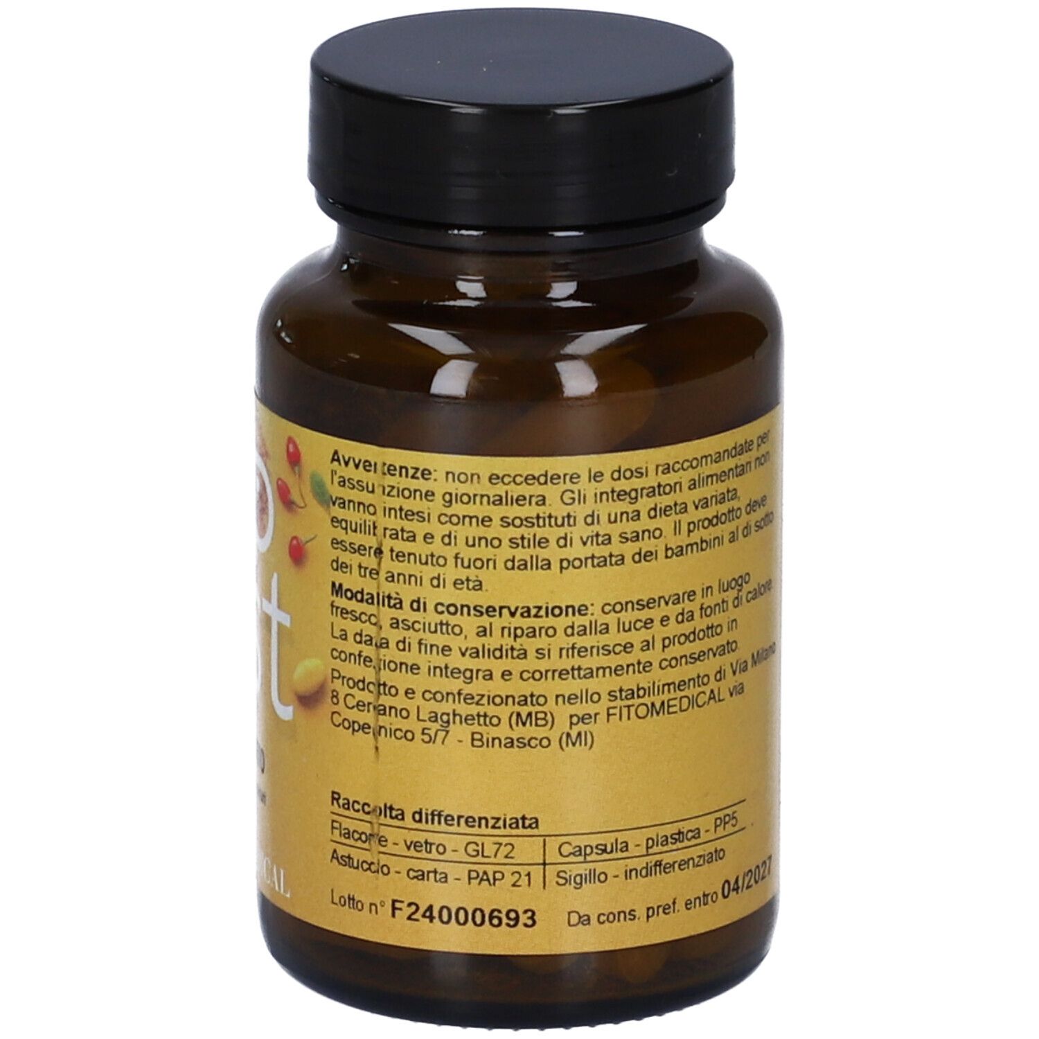 Flacone di vetro marrone con tappo nero. Etichetta con avvertenze e informazioni. Contiene compresse.