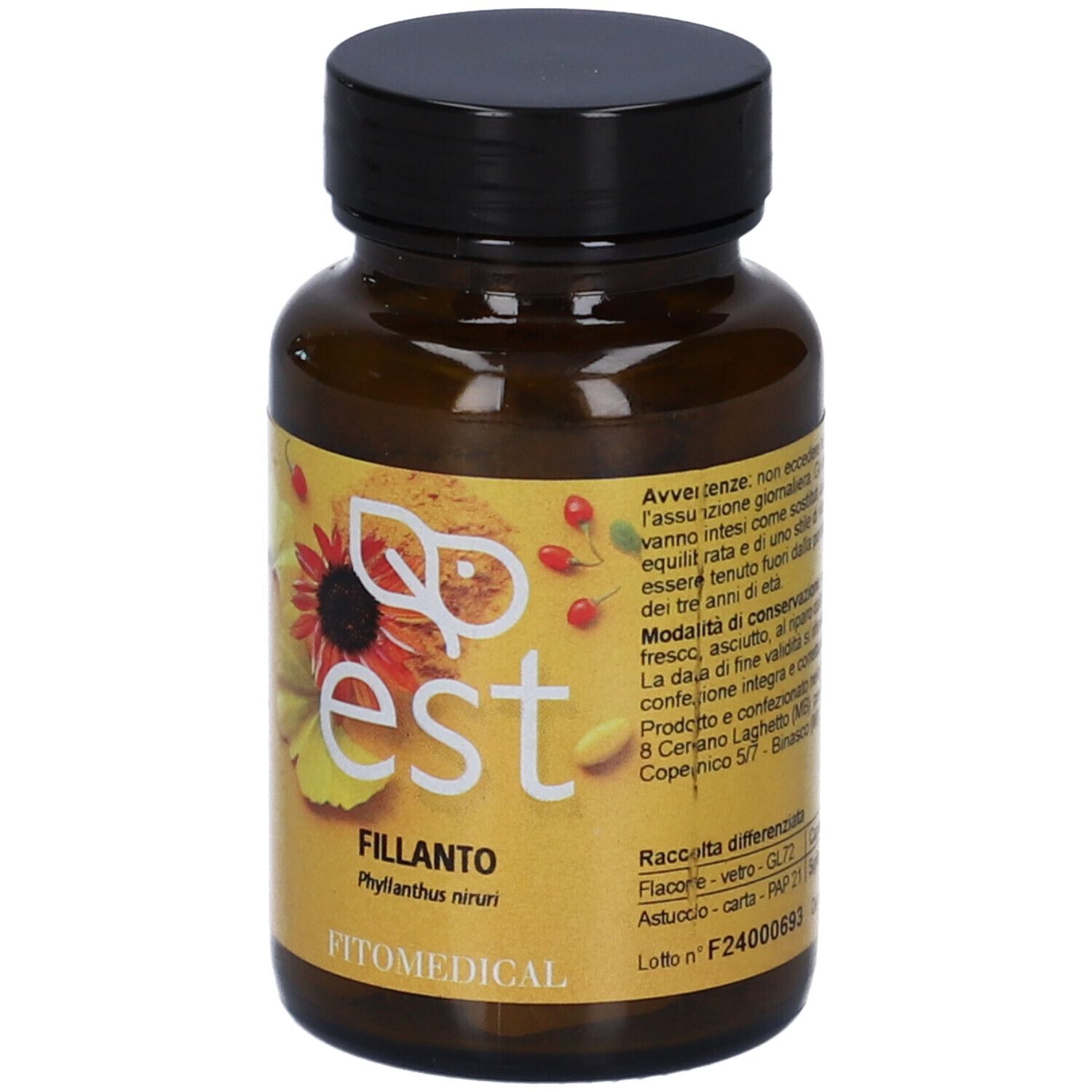 Flacone di vetro marrone con tappo nero. Etichetta con nome del prodotto e logo. Contiene compresse.