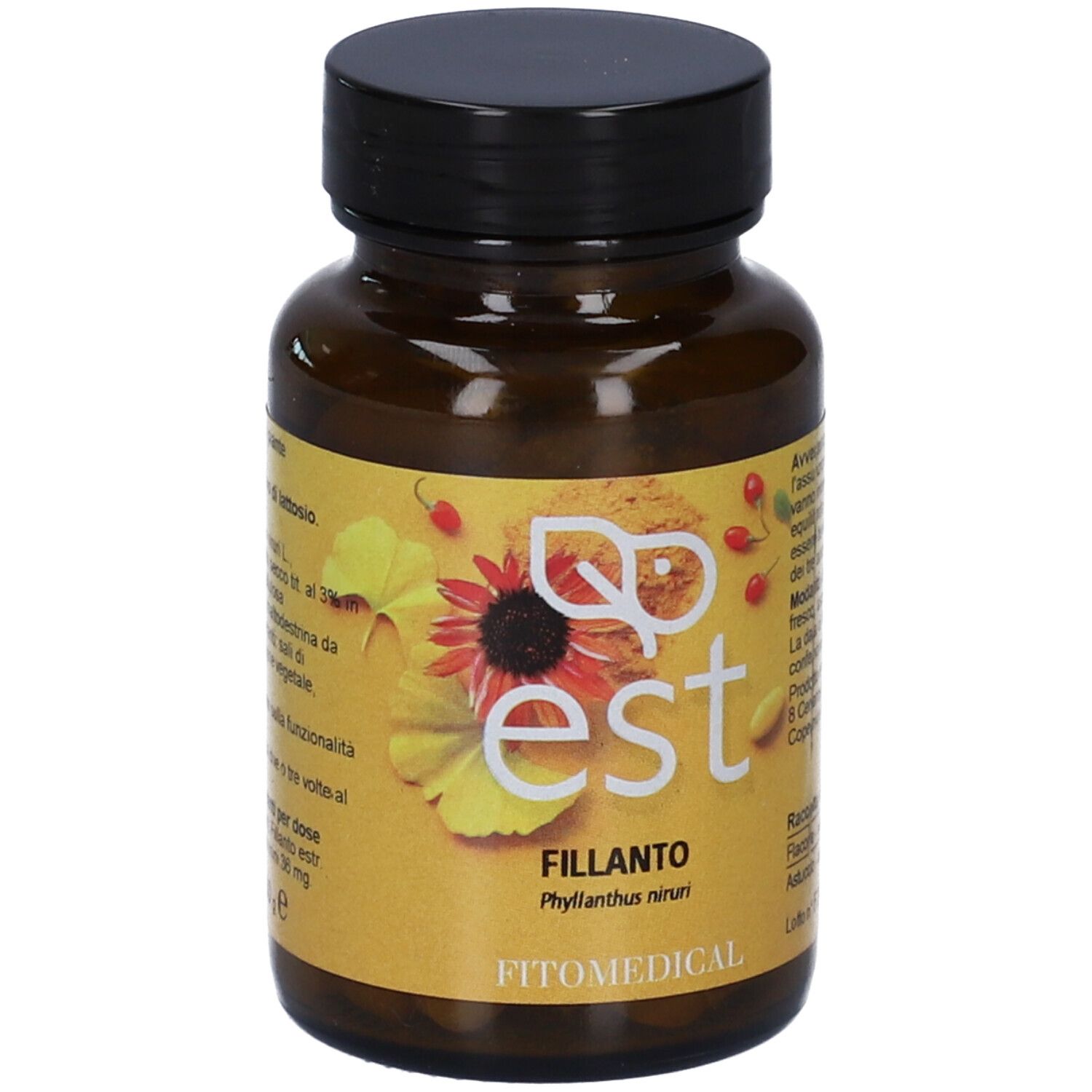 Flacone di vetro marrone con tappo nero. Etichetta con nome del prodotto e logo. Contiene compresse.