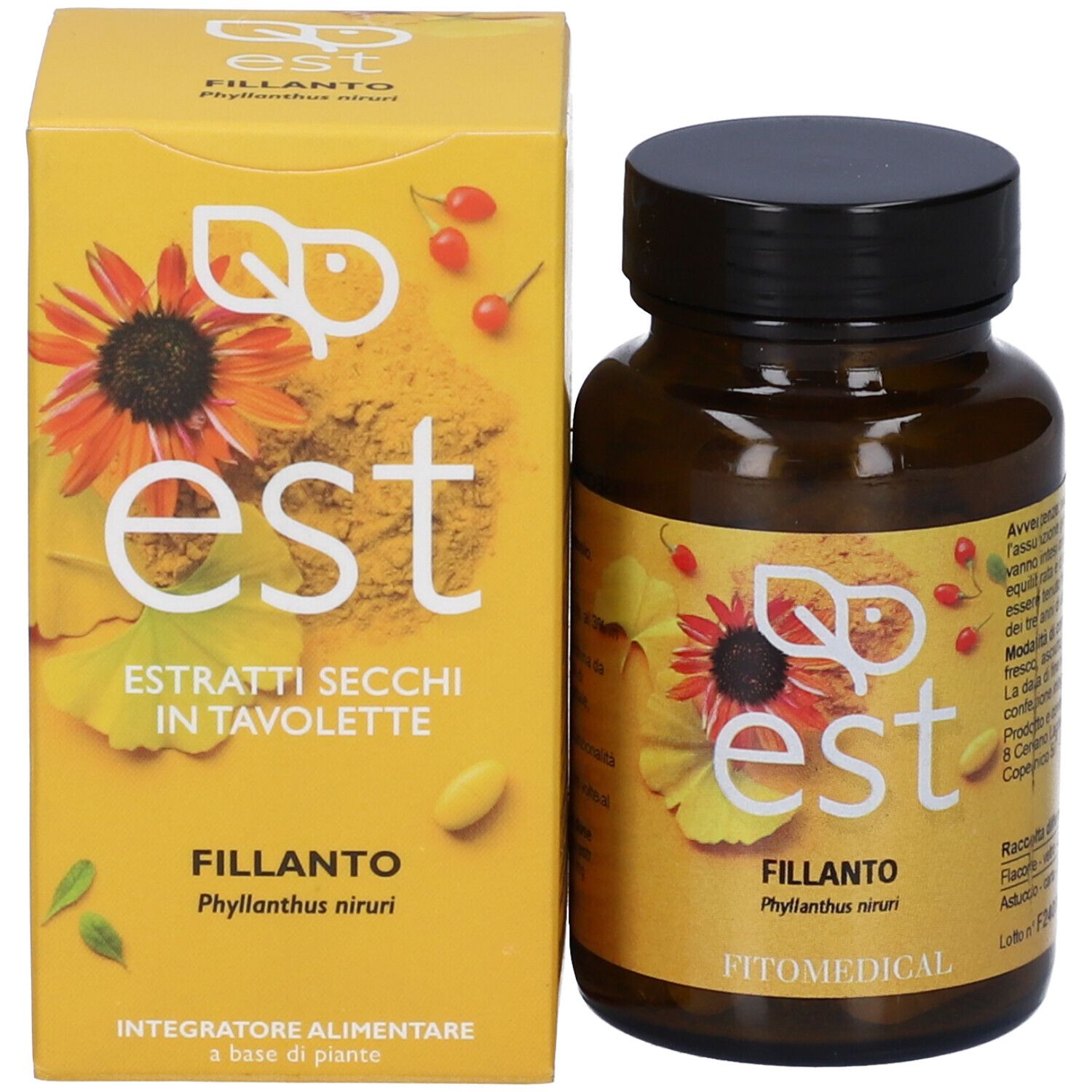 Flacone e scatola affiancati. Scatola gialla con logo e nome del prodotto. Contiene compresse.