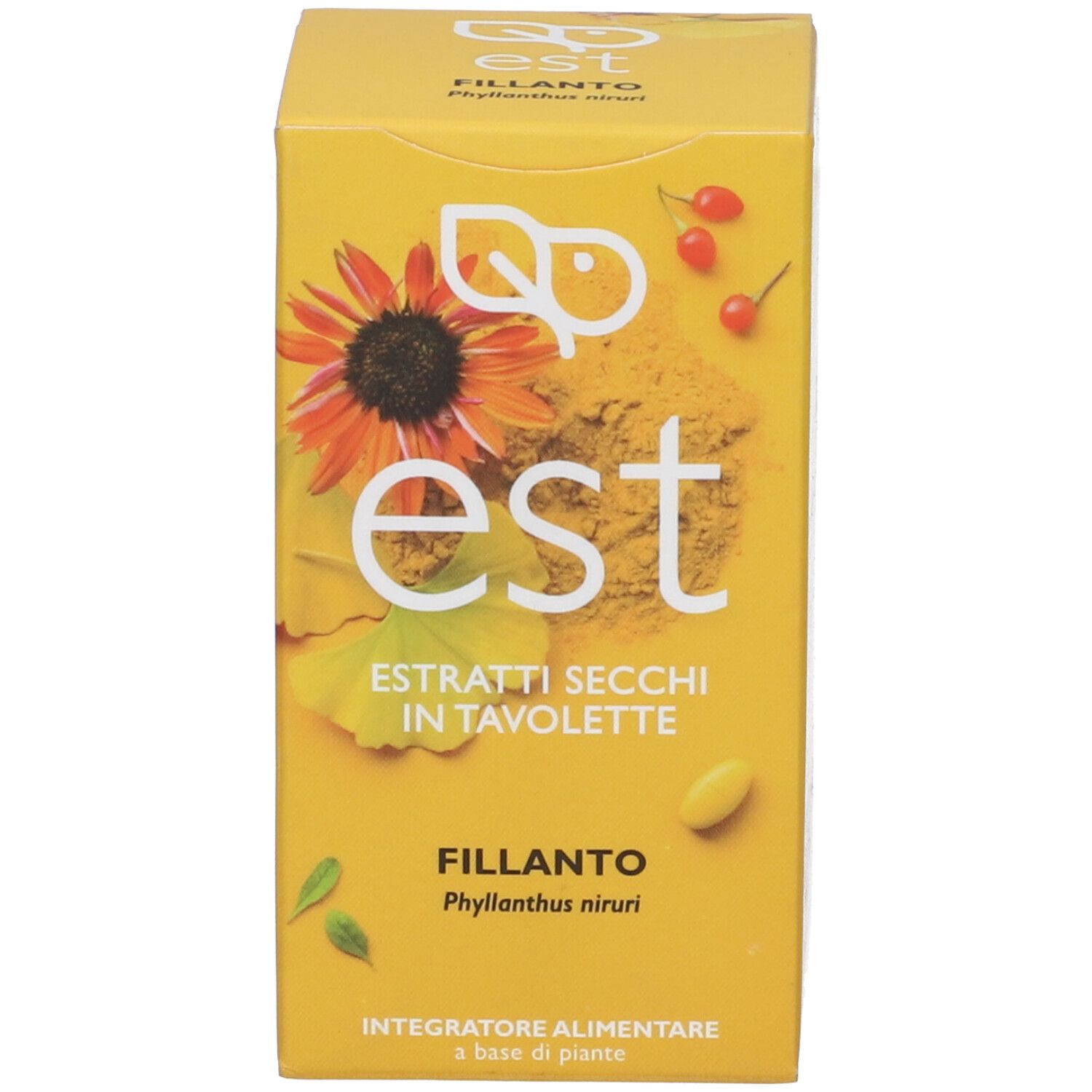 Scatola gialla con logo e nome del prodotto. Contiene compresse. Testo: Estratti in compresse.