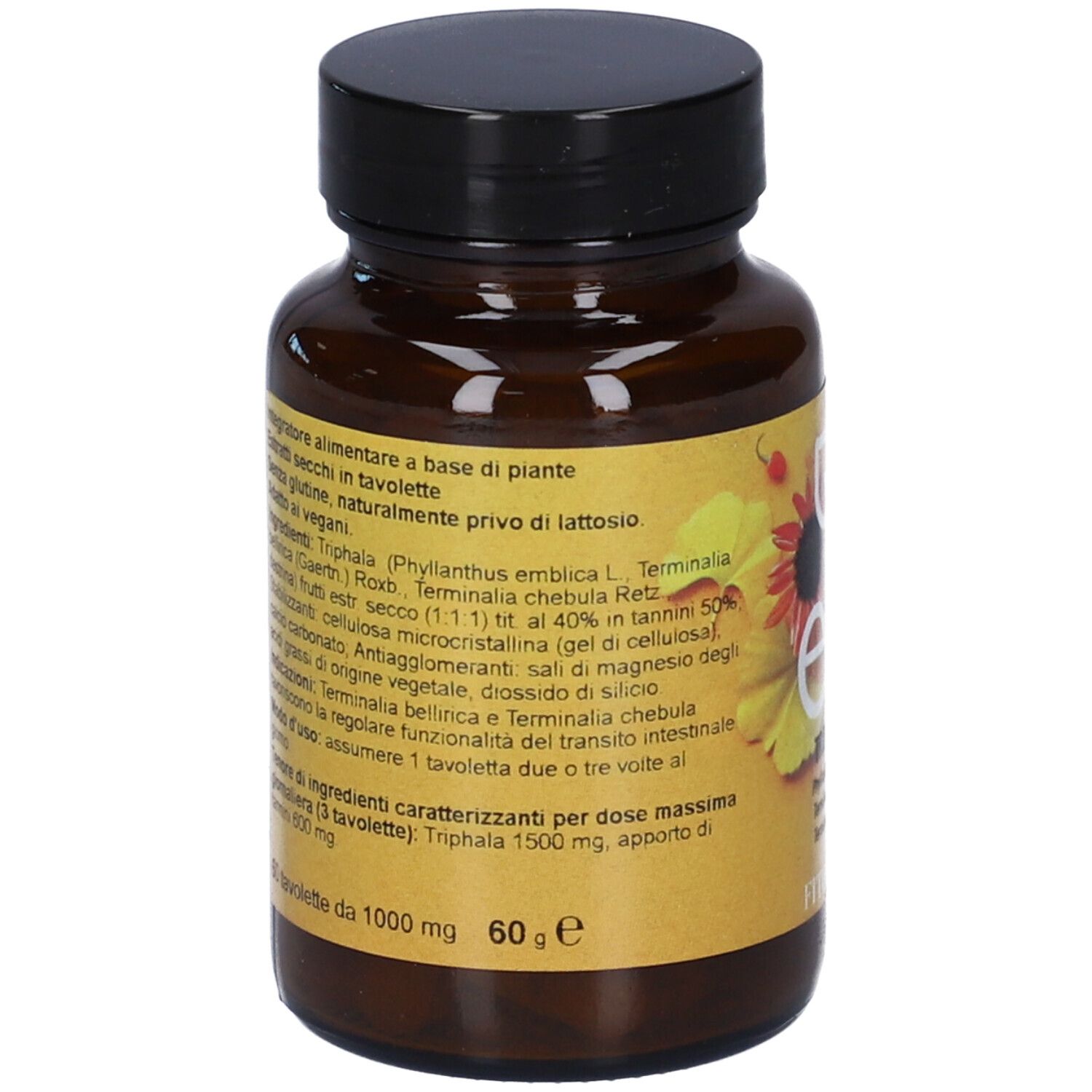 Flacone marrone di compresse con tappo nero. Etichetta gialla con ingredienti e informazioni nutrizionali. Marca: FitoMedical.