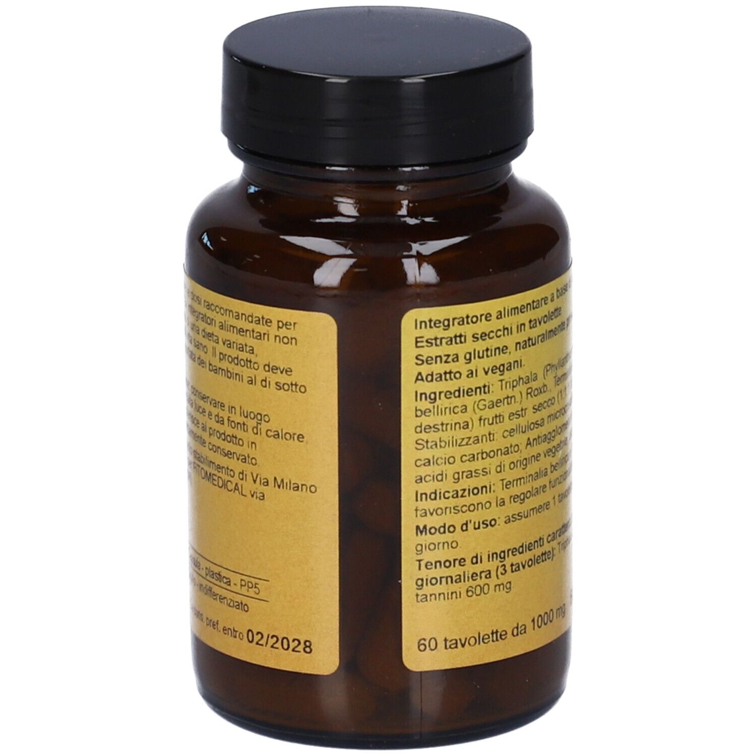 Flacone marrone di compresse con tappo nero. Etichetta gialla con istruzioni per l'uso e avvertenze. Marca: FitoMedical.