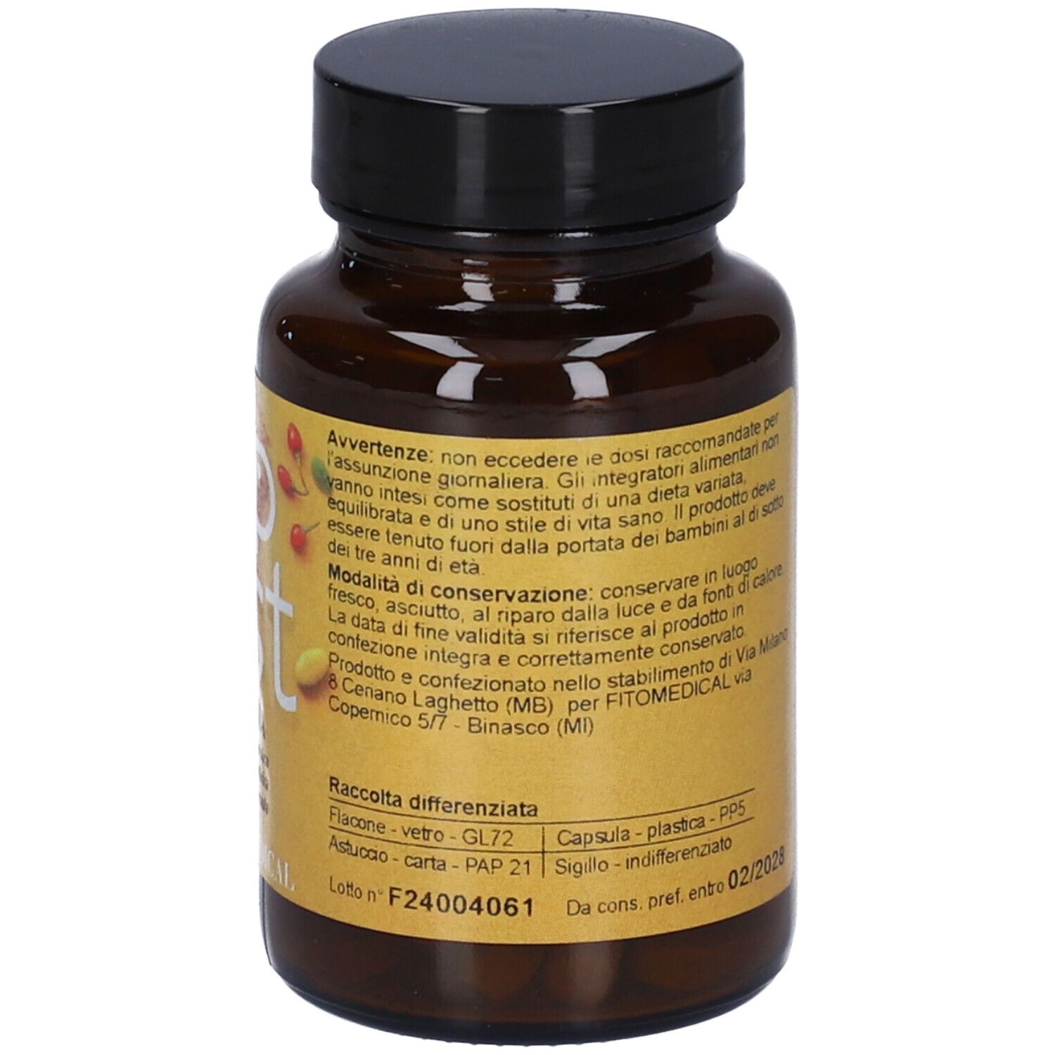 Flacone marrone di compresse con tappo nero. Etichetta gialla con avvertenze e informazioni sullo smaltimento. Marca: FitoMedical.