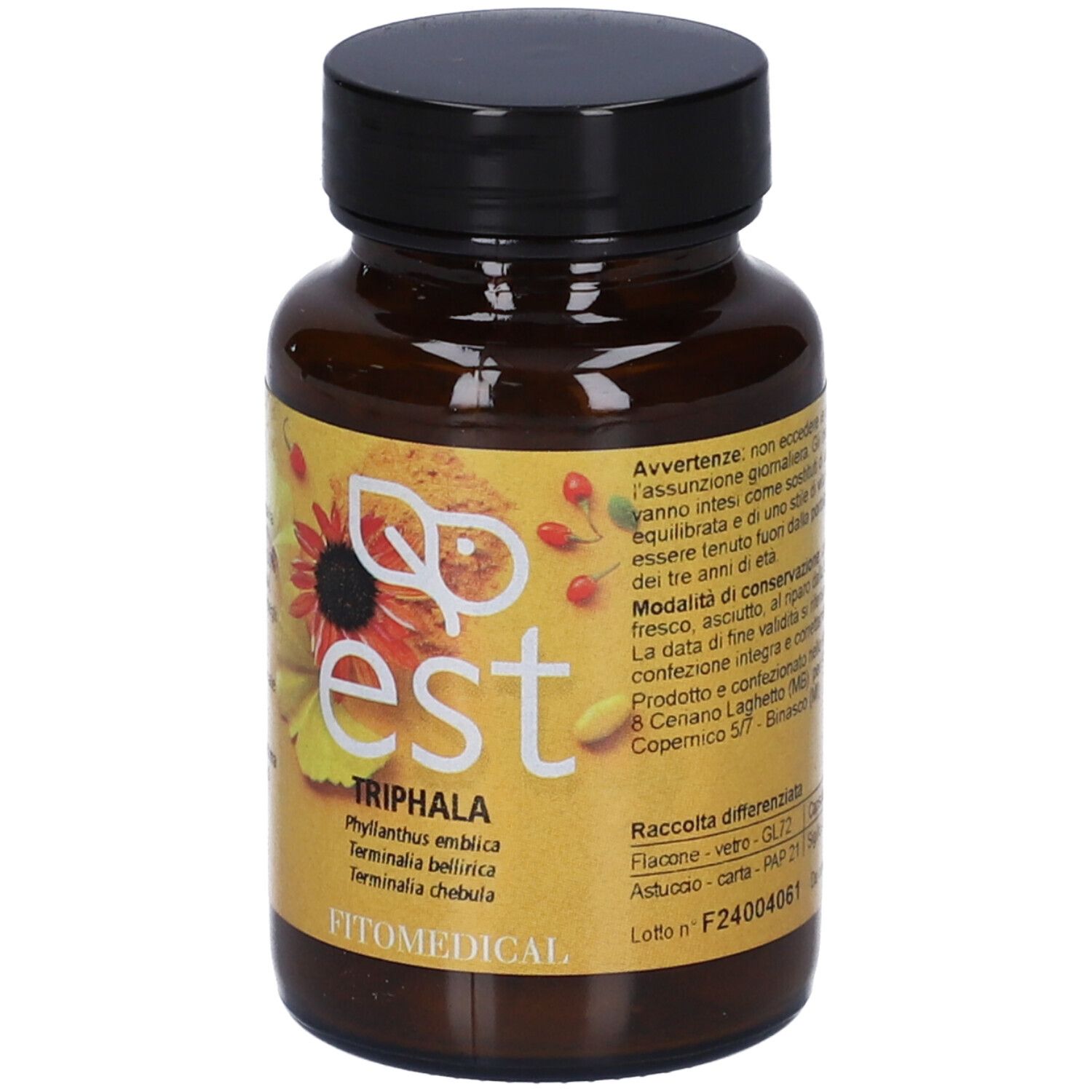 Flacone marrone di compresse con tappo nero. Etichetta gialla con nome e logo del prodotto. Marca: FitoMedical.