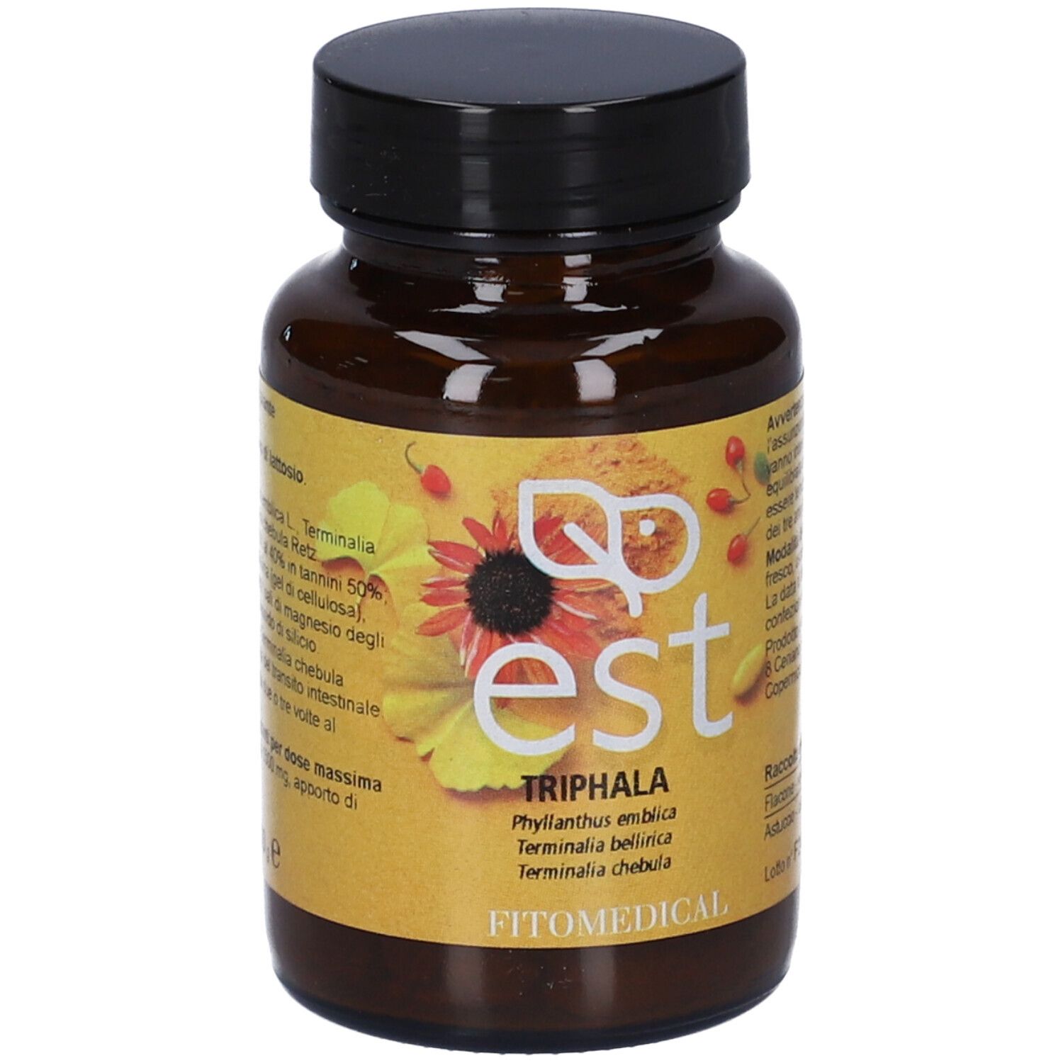 Flacone marrone di compresse con tappo nero. Etichetta gialla con nome e logo del prodotto. Marca: FitoMedical.