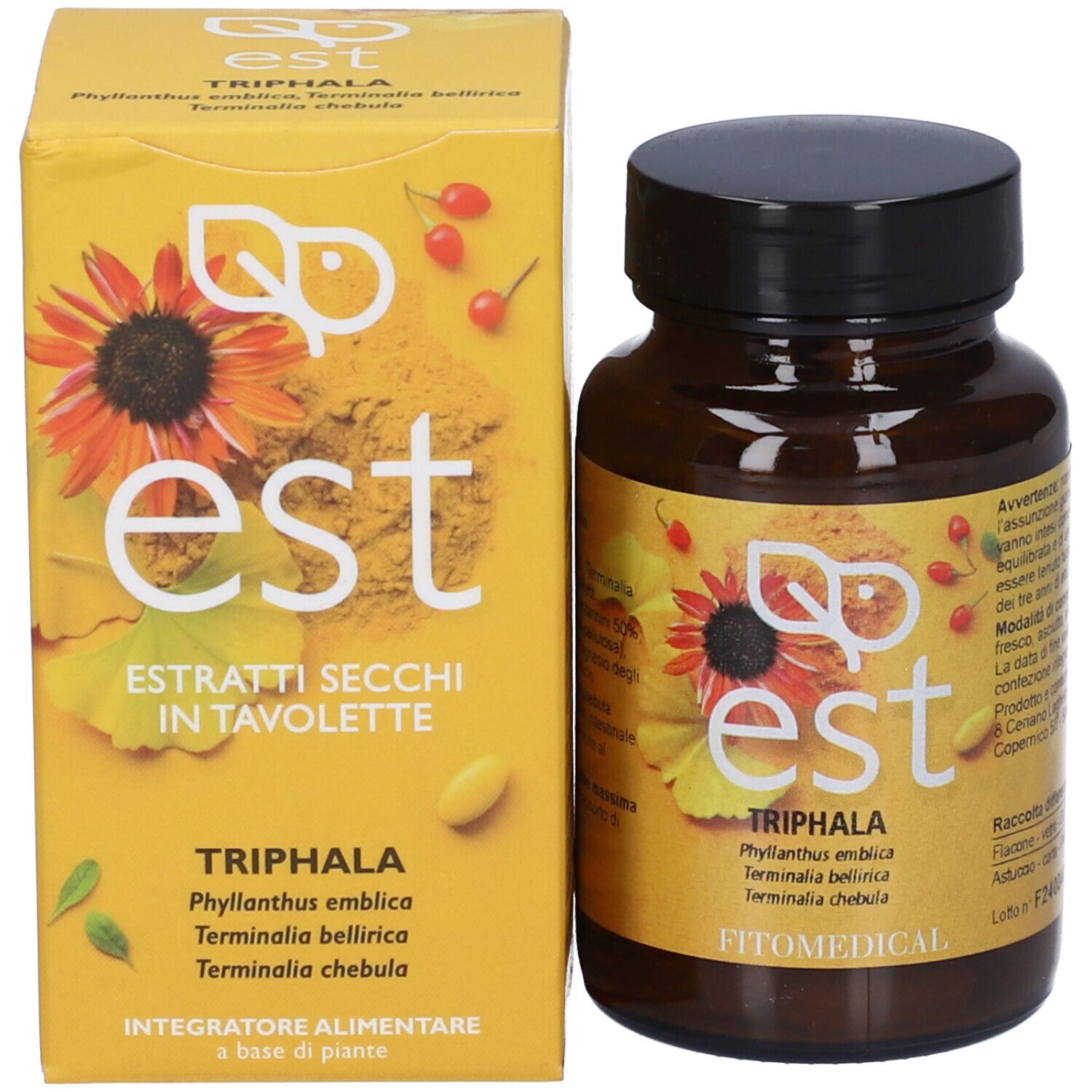 Confezione del prodotto con flacone di compresse e scatola. Confezione gialla con nome e logo del prodotto. Marca: FitoMedical.