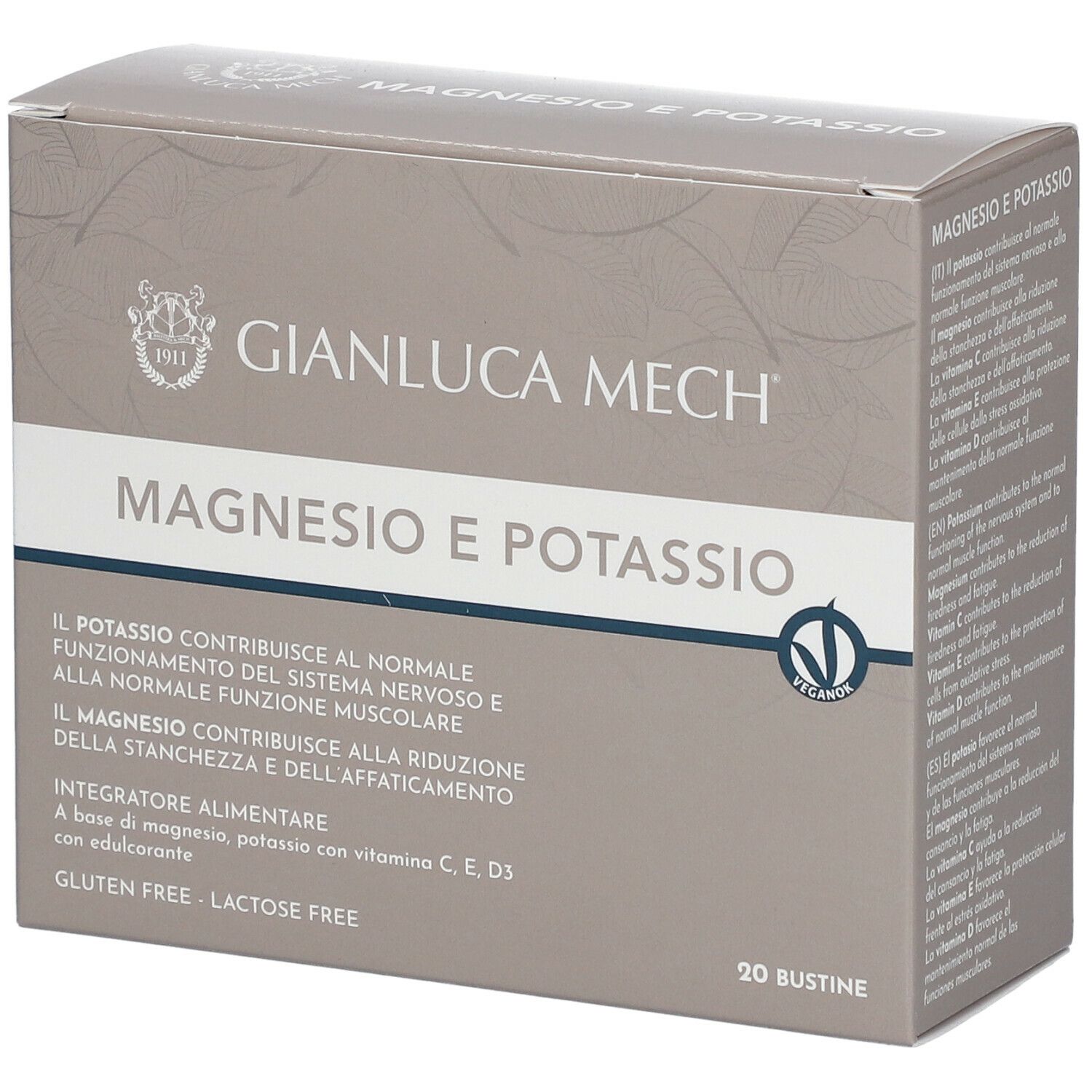 Scatola grigia con scritte "GIANLUCA MECH" e "MAGNESIO E POTASSIO". Contiene 20 bustine. Logo vegano.