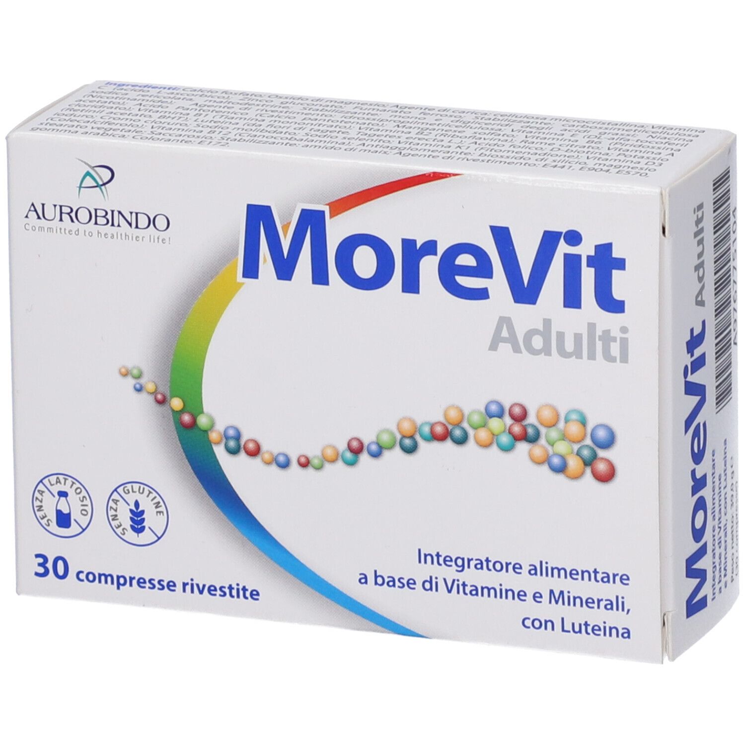 Scatola bianca 'MoreVit Adulti'. Contiene 30 compresse. Logo Aurobindo.