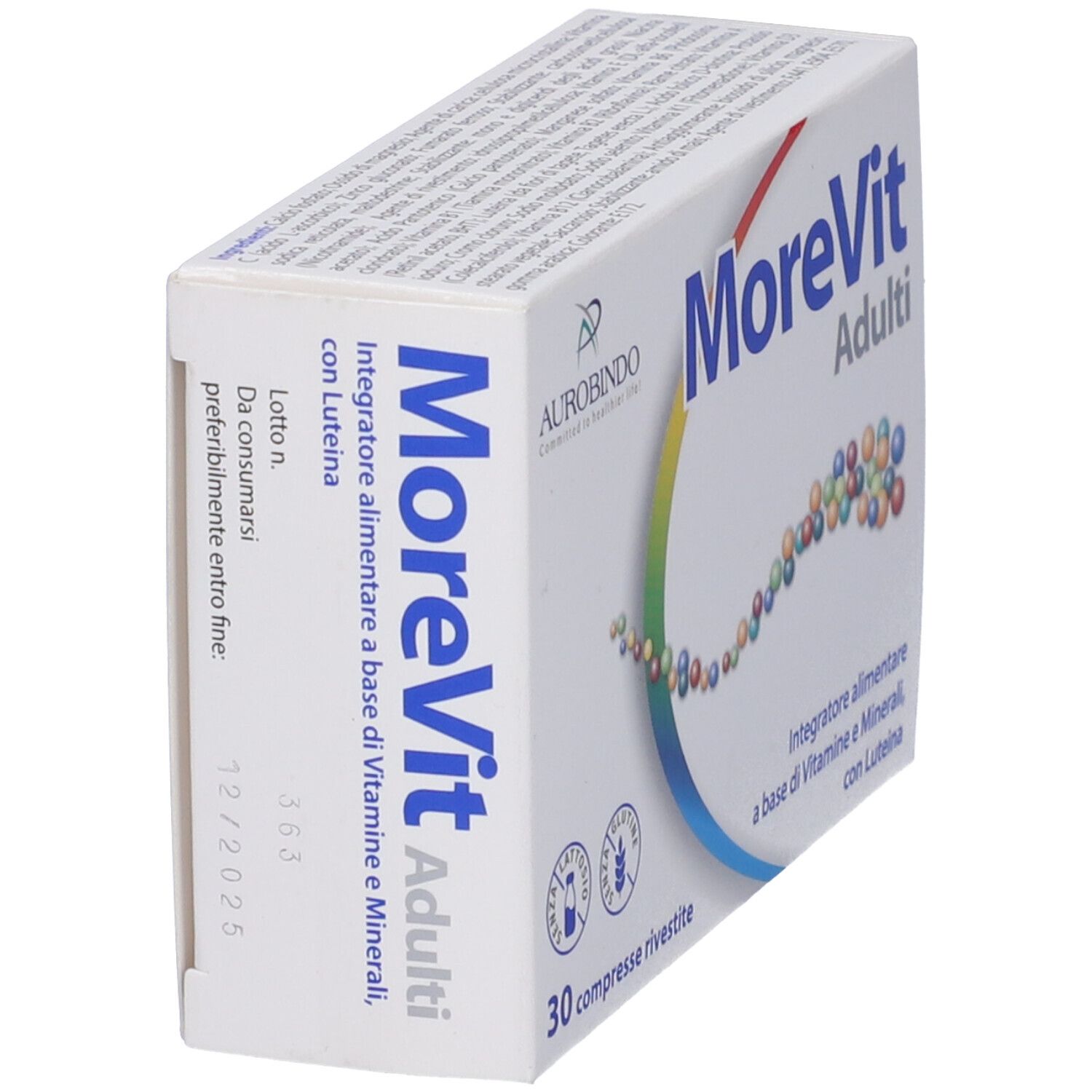 Scatola 'MoreVit Adulti' in prospettiva. Testo: 'Integratore alimentare'. 30 compresse.