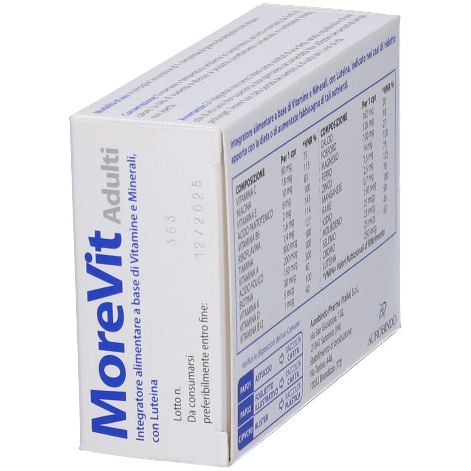 Scatola 'MoreVit Adulti' in prospettiva. Testo: 'Integratore alimentare'. 30 compresse.