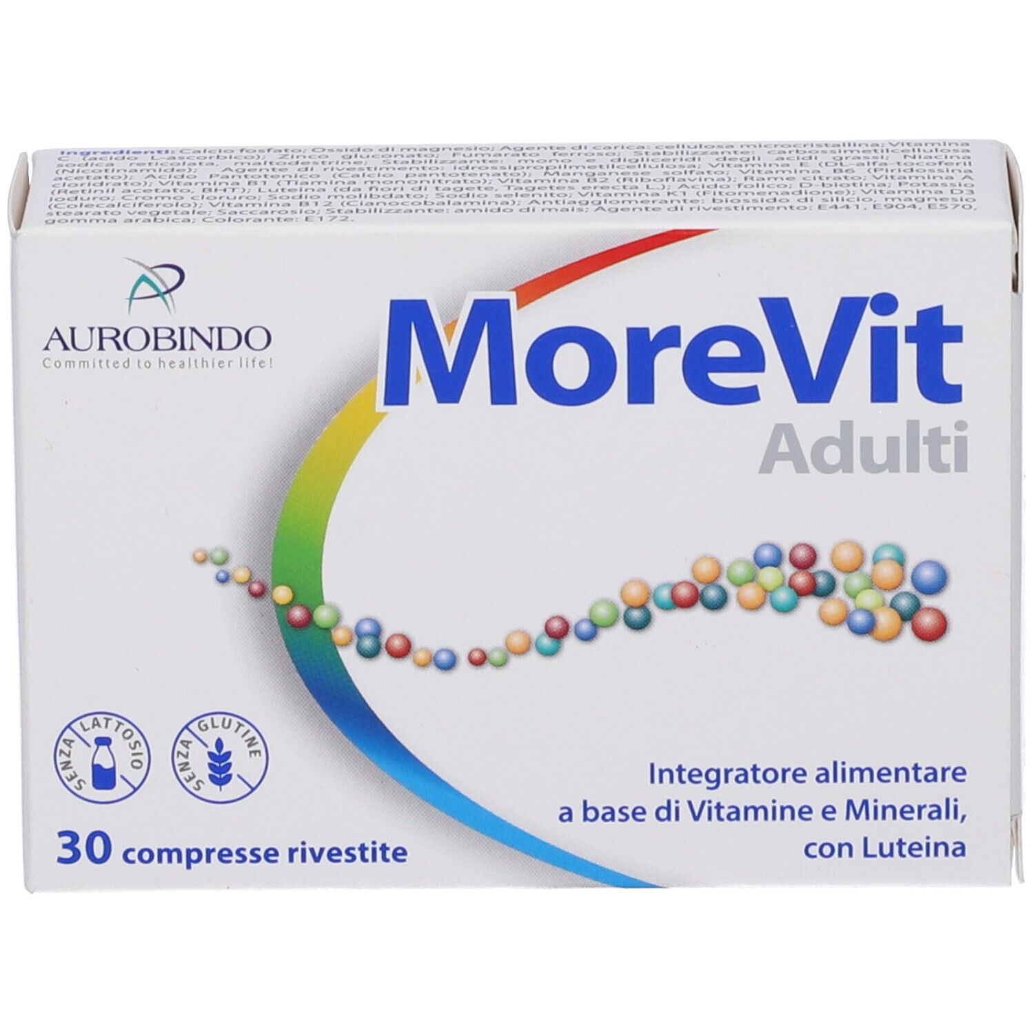 Scatola bianca 'MoreVit Adulti'. Contiene 30 compresse. Logo Aurobindo. Testo: 'Integratore alimentare'.