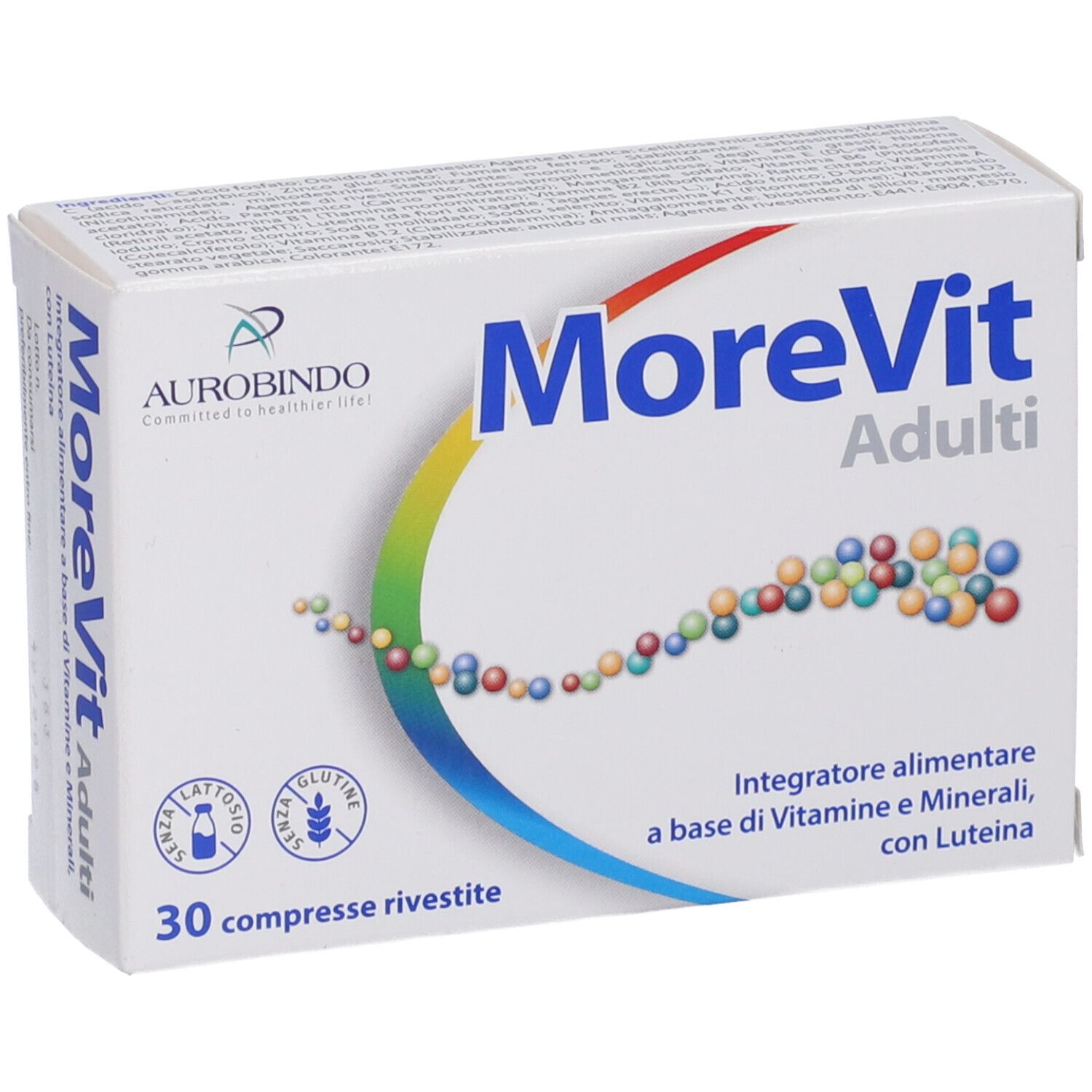 Scatola bianca 'MoreVit Adulti'. Contiene 30 compresse. Logo Aurobindo. Testo: 'Integratore alimentare'.
