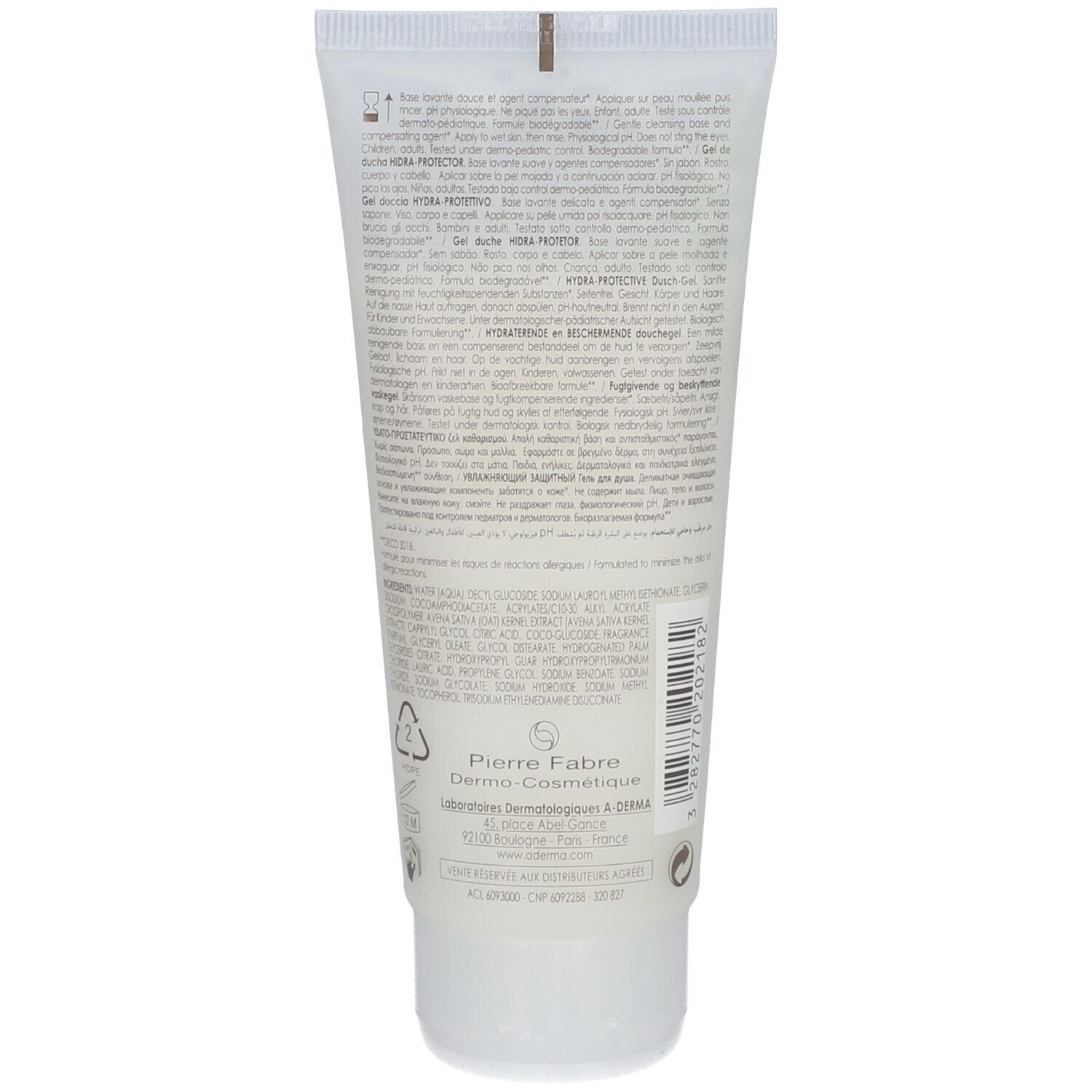 Retro del tubo. Testo multilingue. Informazioni del produttore. Simbolo di riciclaggio. Pierre Fabre.