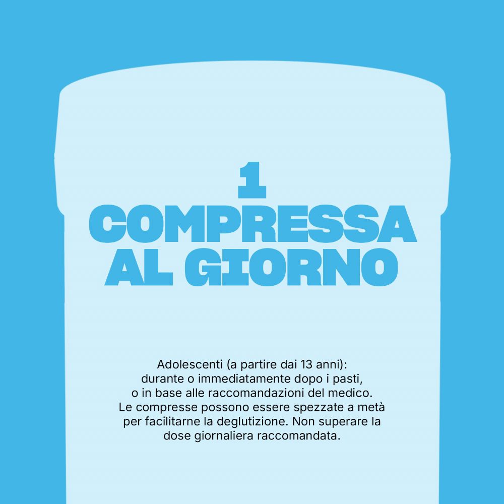Raccomandazione: 1 compressa al giorno per adolescenti (dai 13 anni).
