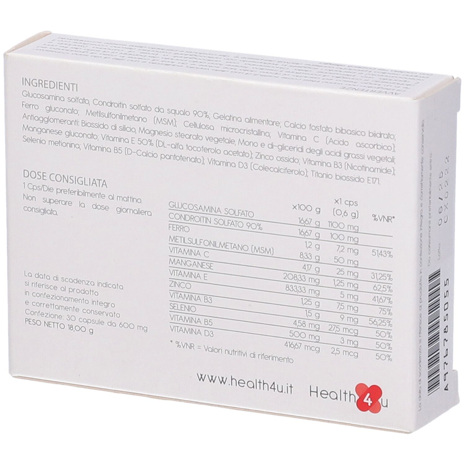 Retro della scatola COXOR. Contiene informazioni sugli ingredienti e i valori nutrizionali.