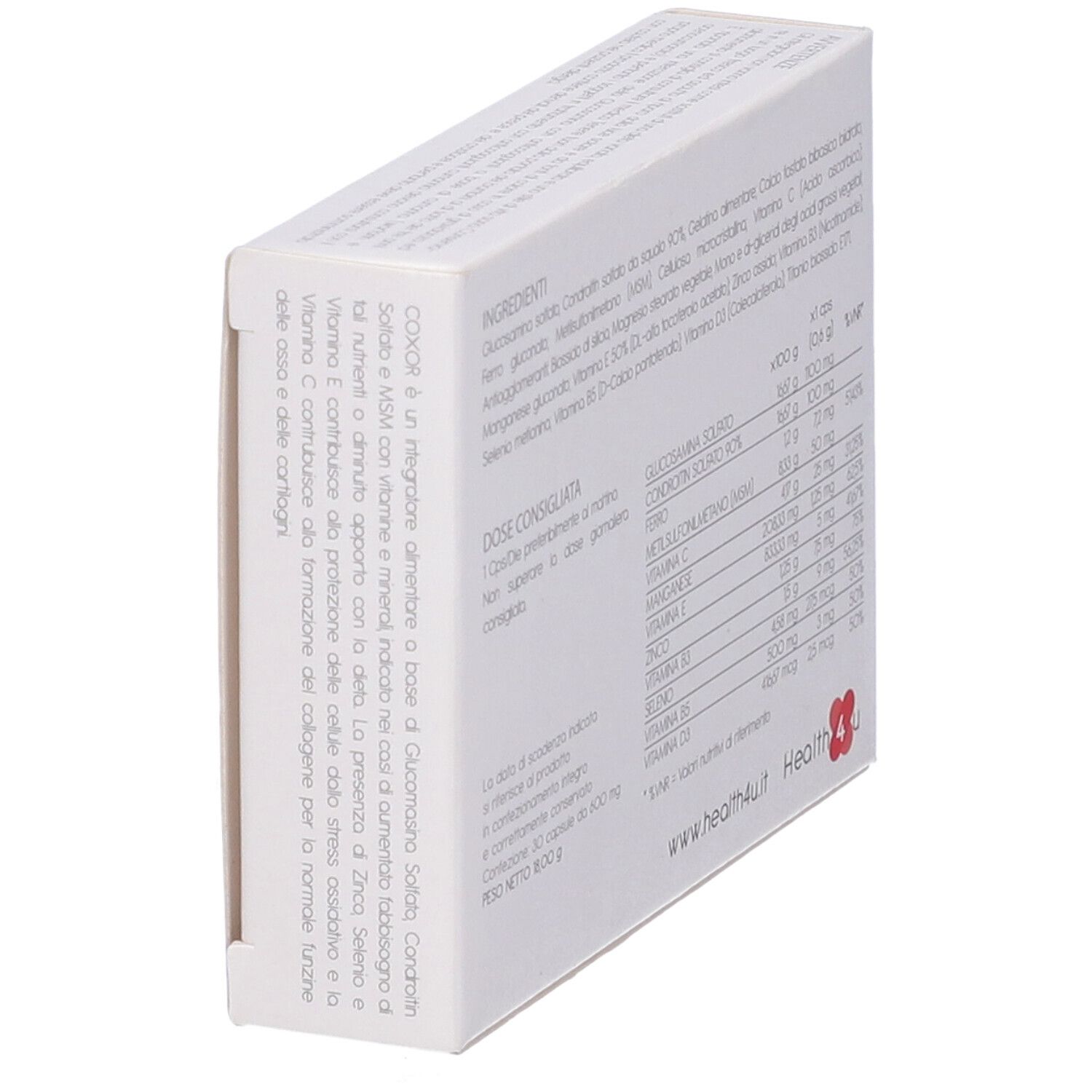 Scatola di integratore alimentare COXOR. Contiene informazioni sugli ingredienti e i valori nutrizionali.