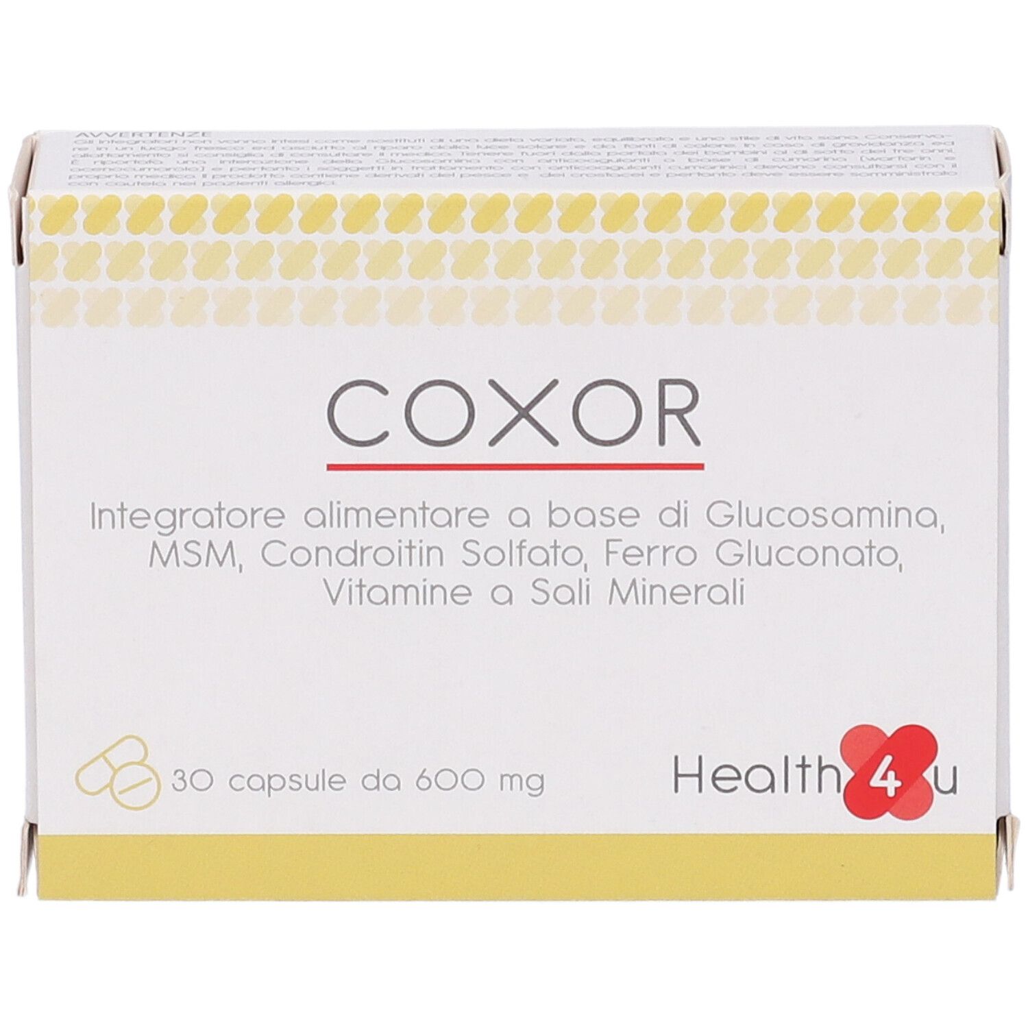 Scatola di integratore alimentare COXOR. Contiene 30 capsule. Scritta: Health 4 u.