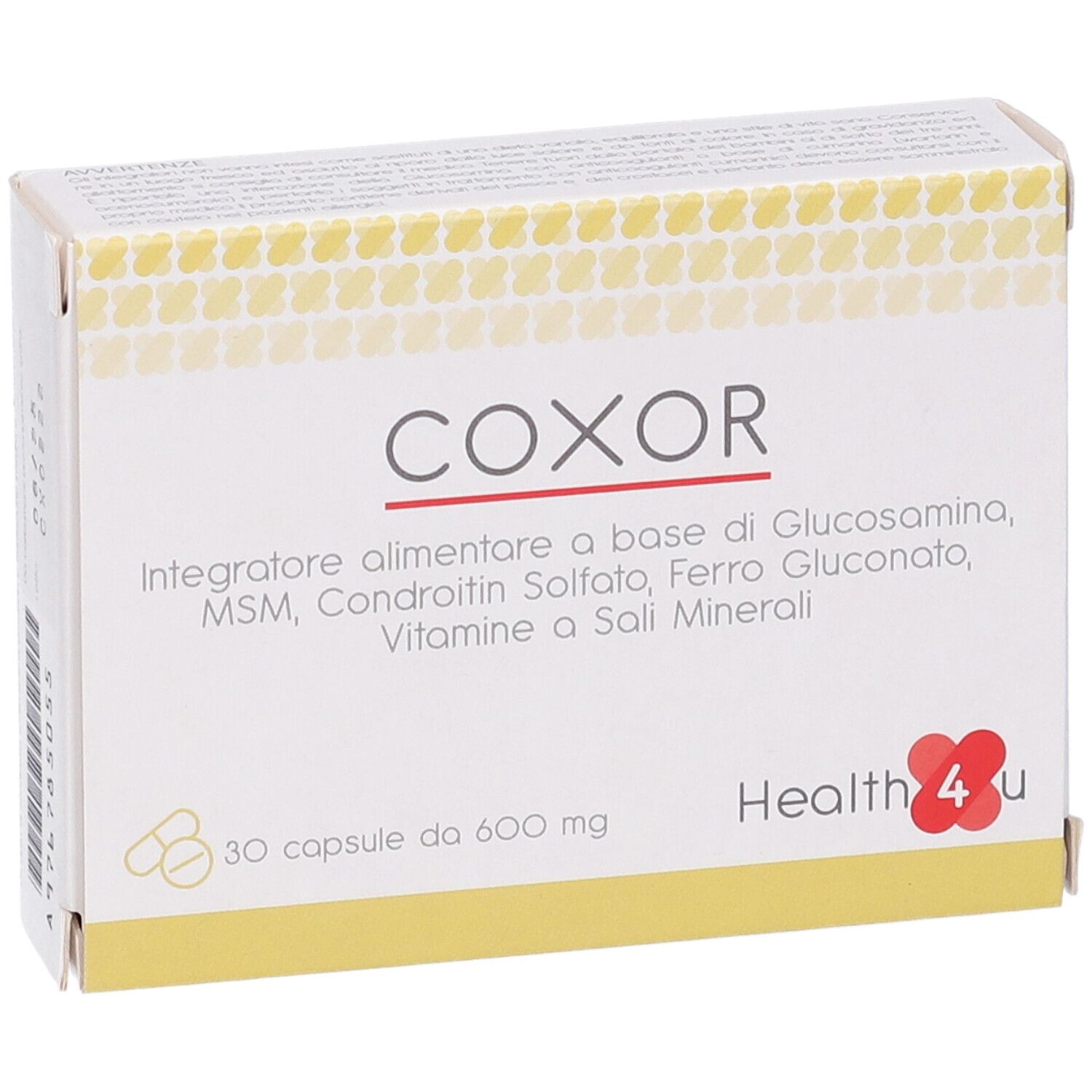 Scatola di integratore alimentare COXOR. Contiene 30 capsule. Scritta: Health 4 u.