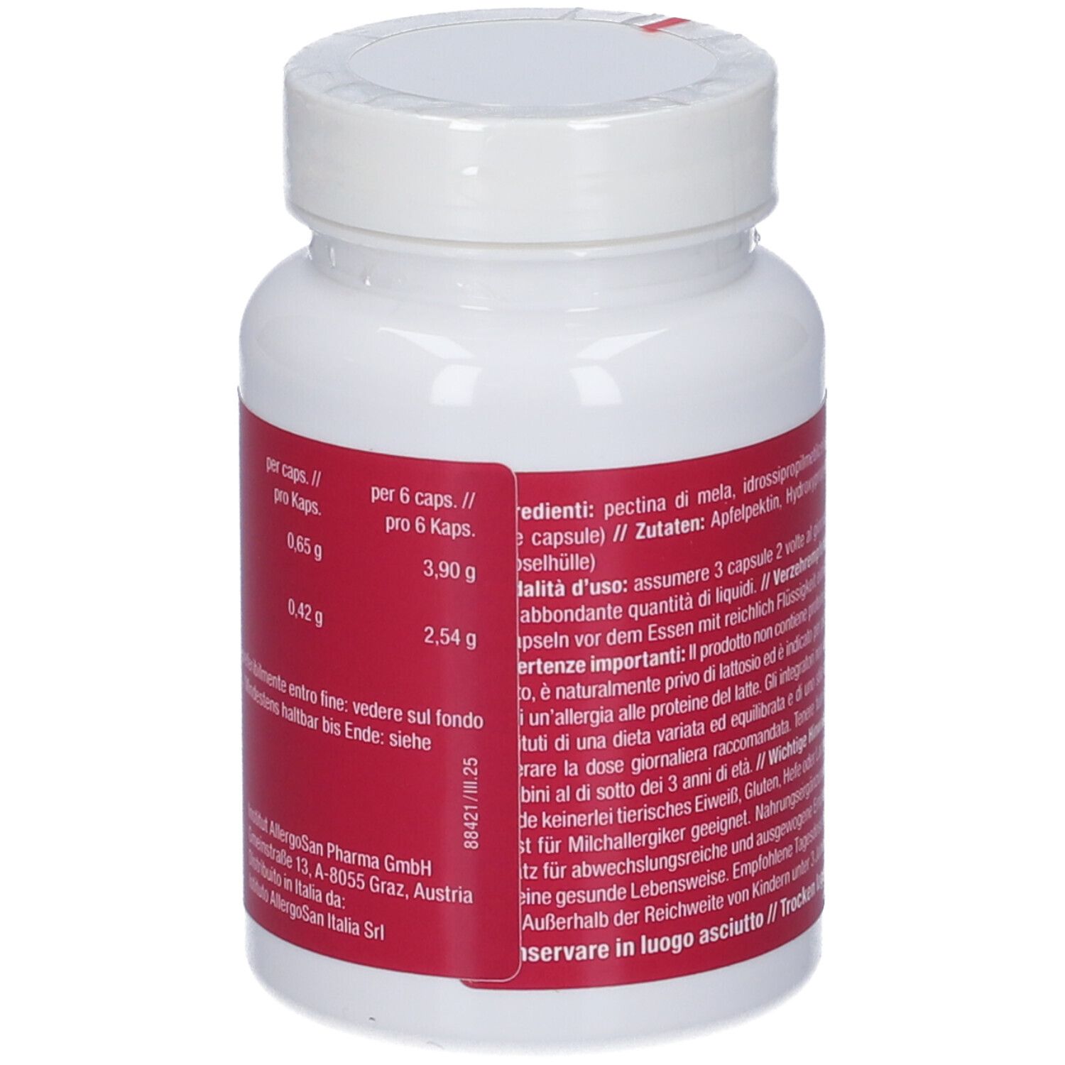 Retro del flacone bianco. Etichetta rossa con testo e ingredienti. OMNi LOGiC Pectina Mela.