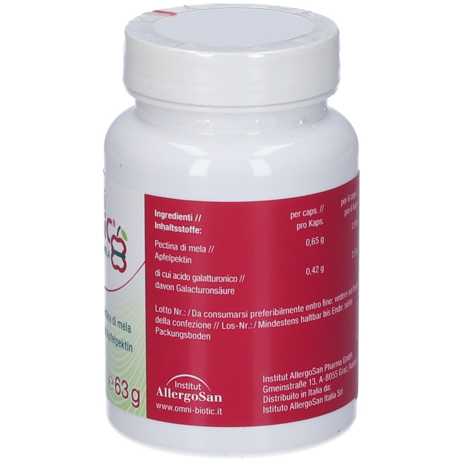 Flacone bianco, etichetta rossa con ingredienti. OMNi LOGiC Pectina Mela, 63g. Testo in italiano.