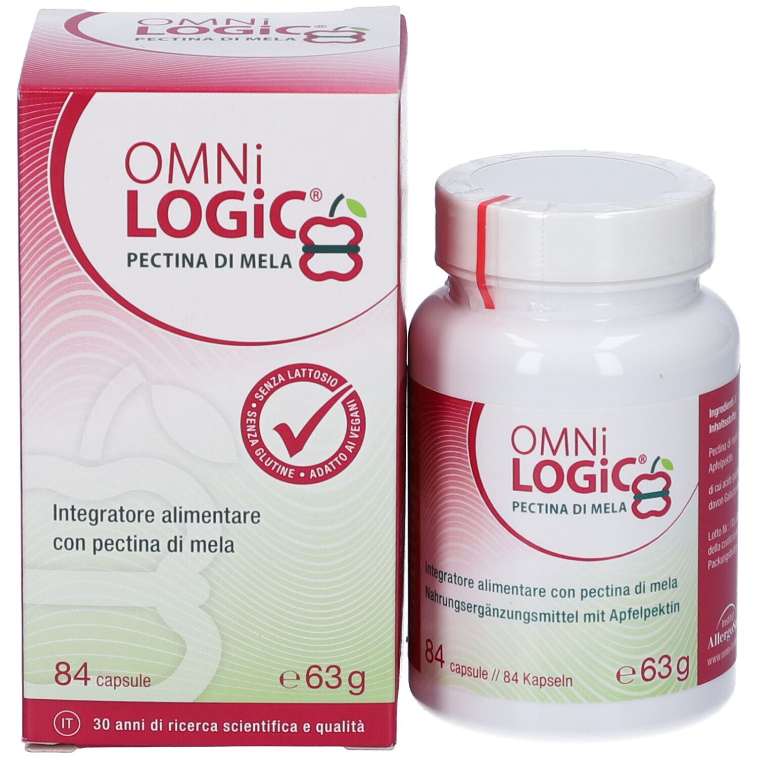 Flacone e scatola del prodotto. OMNi LOGiC Pectina Mela, 84 capsule, 63g. Senza glutine, lattosio, vegano.