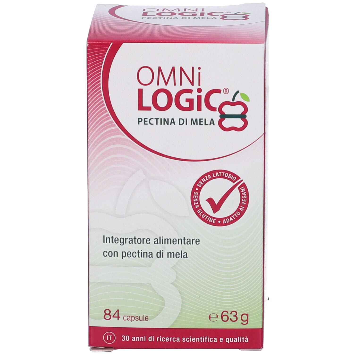 Scatola del prodotto. OMNi LOGiC Pectina Mela, 84 capsule, 63g. Senza glutine, lattosio, vegano. Rosso.