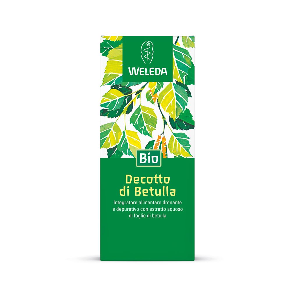 Confezione verde con foglie e logo. Testo: Decotto di Betulla, Bio. Contiene informazioni sul prodotto.
