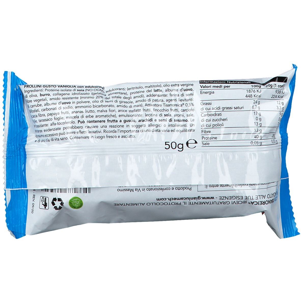 Retro della confezione di Frollini Gusto Vaniglia. Elenco ingredienti e informazioni nutrizionali. Logo e indirizzo del produttore visibili.