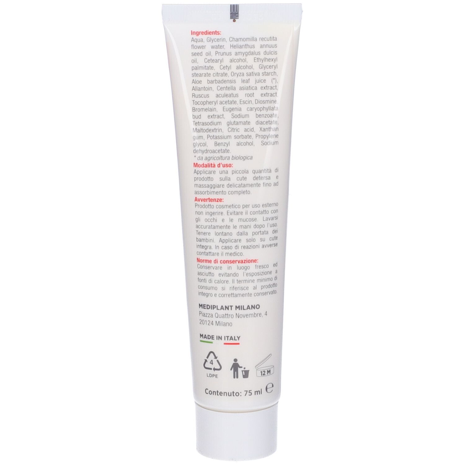 Retro del tubo crema. Contiene ingredienti e istruzioni. Prodotto in Italia.