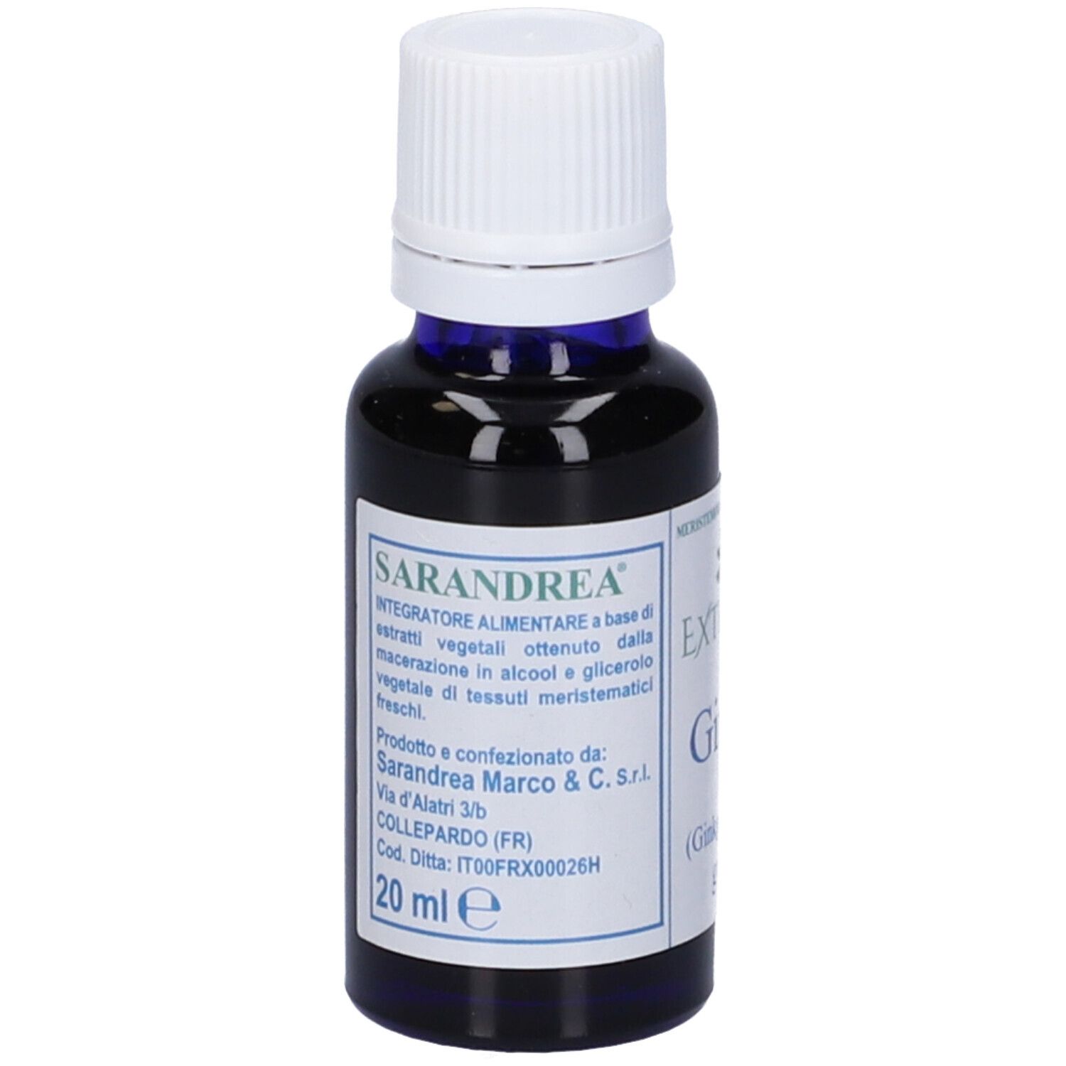 Flacone in vetro con liquido marrone e tappo bianco. Etichetta con testo, tra cui Sarandrea e 20 ml.