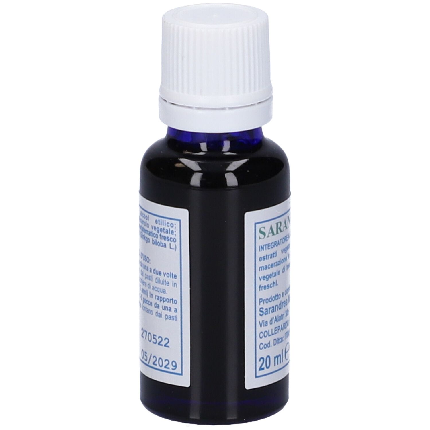 Flacone in vetro con liquido marrone e tappo bianco. Etichetta con testo, tra cui Sarandrea e 20 ml.