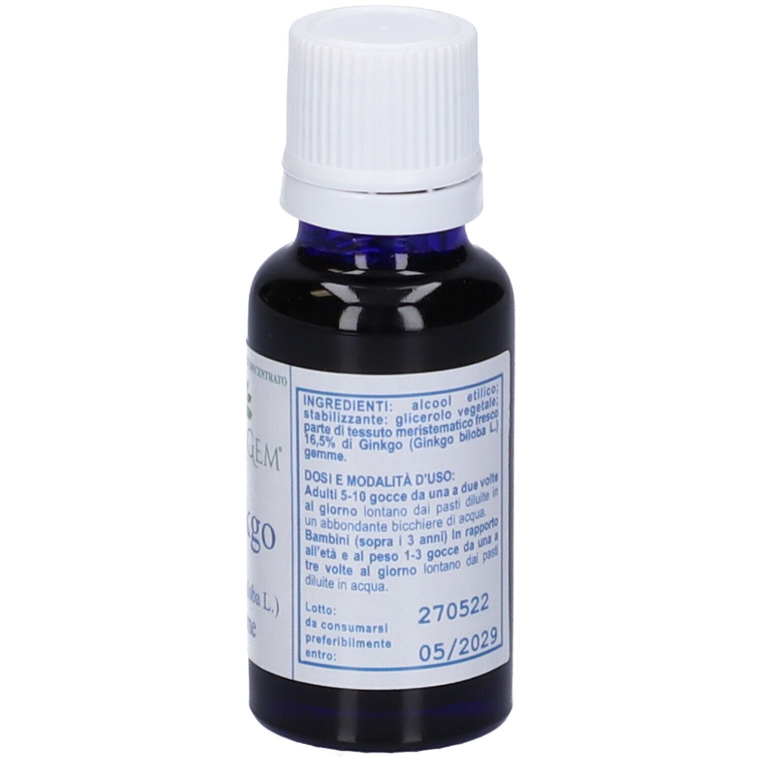 Flacone in vetro con liquido marrone e tappo bianco. Etichetta con testo, tra cui ingredienti e dosaggio.